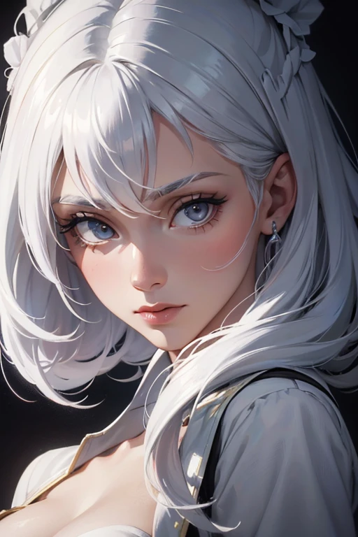 close-up of a woman with white hair and white mask, Hermosa pintura de figuras, Dios de pelo blanco, Epic art, (NSFW: 1.0)