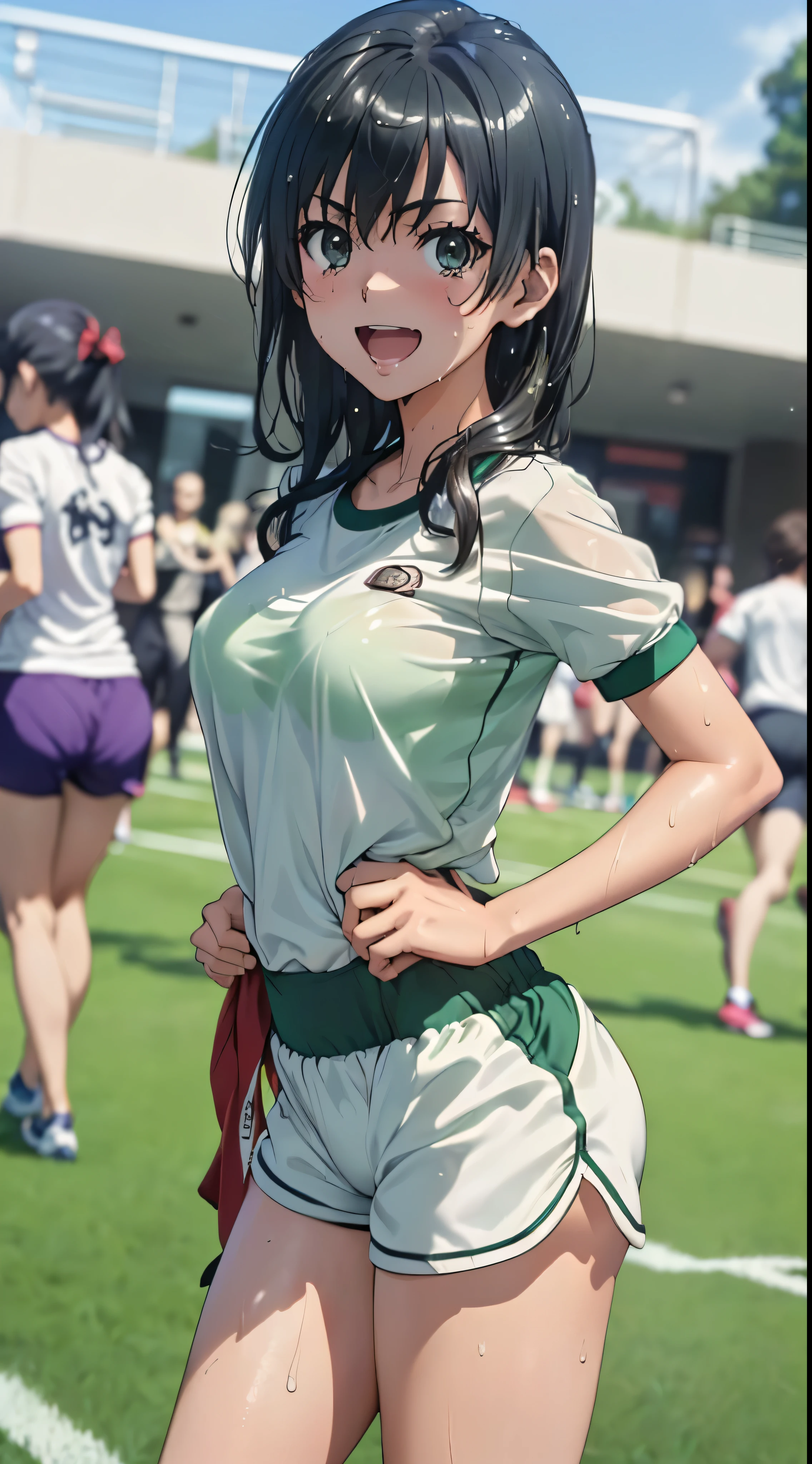 1womanl,Golden hair,14 year old beautiful breasts,(((Sexy white shiny short sleeve gym clothes and shorts、Smile with open mouth)),(((Satin Narico))),((( portlate))),Crowds,Shiny white short sleeve gym clothes and shorts,(Wet with sweat),((athletic field)),((see -through)),outside of house,(((clothes shiny))),