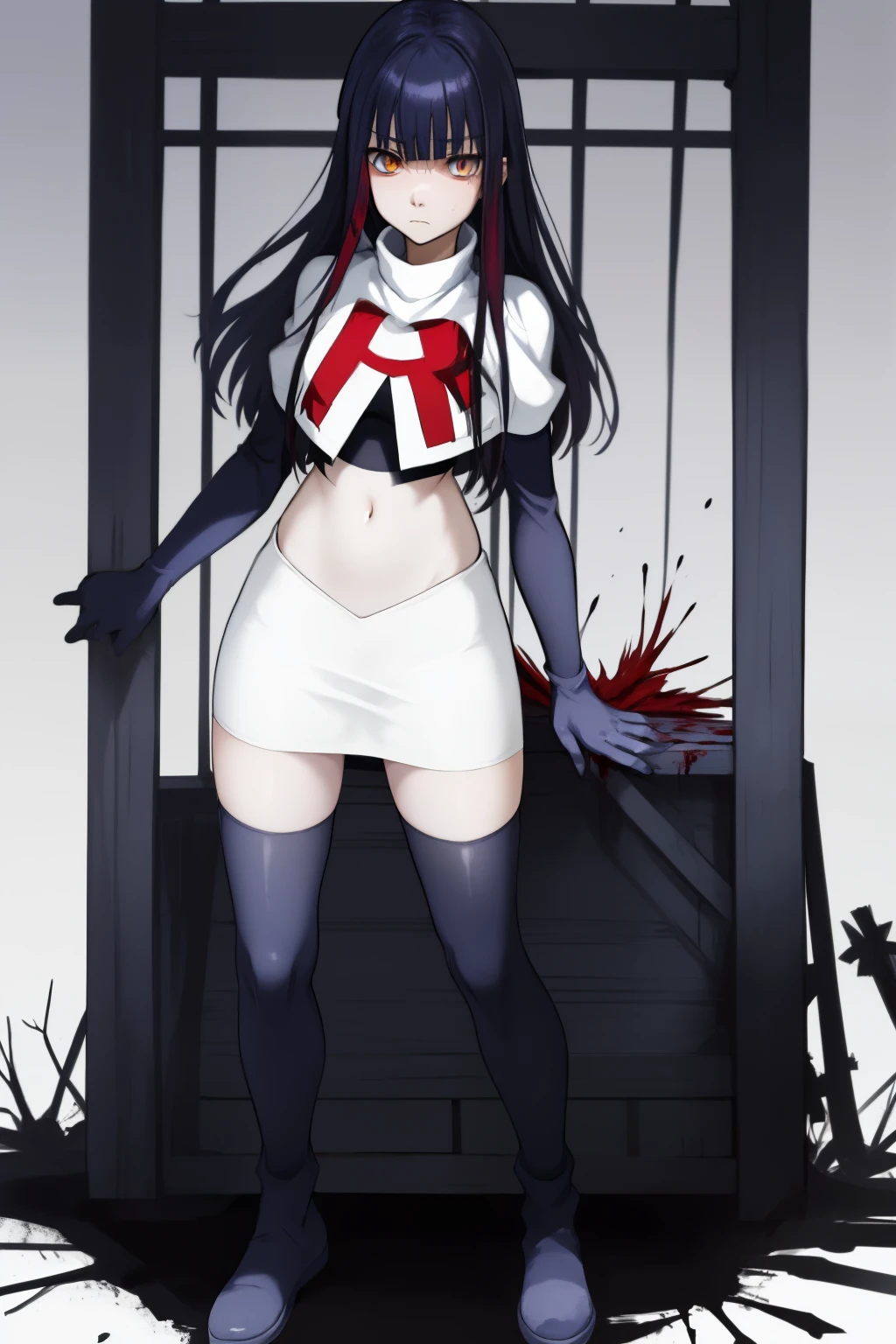 the anime, Furukawa Misao, yellow eyes, sad face, girl in depression, ((indigo hair)),  full height, Full-length girl, best Quality, blood, bloody girl, blood on hands, team rocket,team rocket uniform,white skirt,red letter R,crop top,black thigh-highs,black elbow gloves