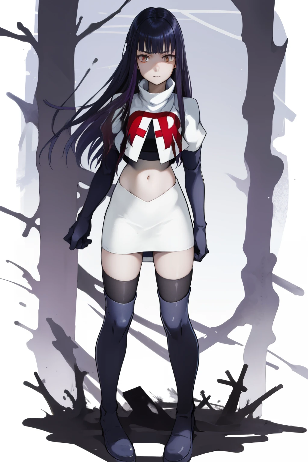 the anime, Furukawa Misao, yellow eyes, sad face, girl in depression, ((indigo hair)),  full height, Full-length girl, best Quality, blood, bloody girl, blood on hands, team rocket,team rocket uniform,white skirt,red letter R,crop top,black thigh-highs,black elbow gloves