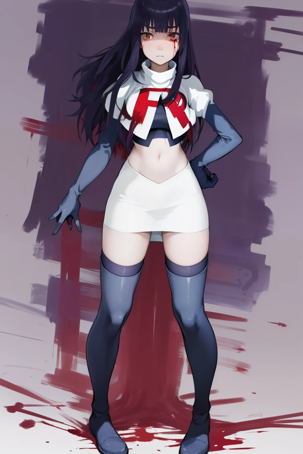 the anime, Furukawa Misao, yellow eyes, sad face, girl in depression, ((indigo hair)),  full height, Full-length girl, best Quality, blood, bloody girl, blood on hands, team rocket,team rocket uniform,white skirt,red letter R,crop top,black thigh-highs,black elbow gloves