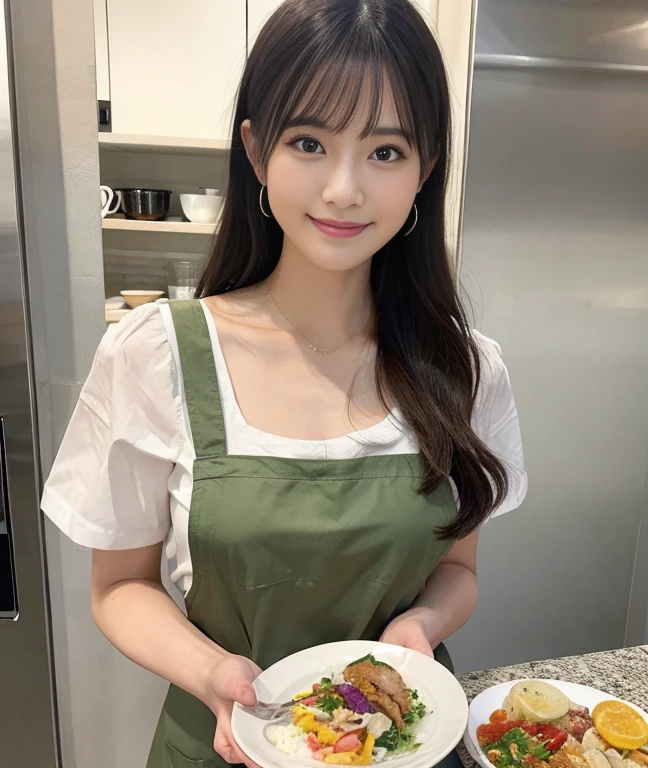 (ultra-detailliert、Raw photo、Top image quality、Realistic)、morning、キッチンでmorning食を用意するシーンを描いてください、A bright and cheerful atmosphere is important、Looks a little sleepy、No makeup、(Wearing an apron)、In the middle of the meal