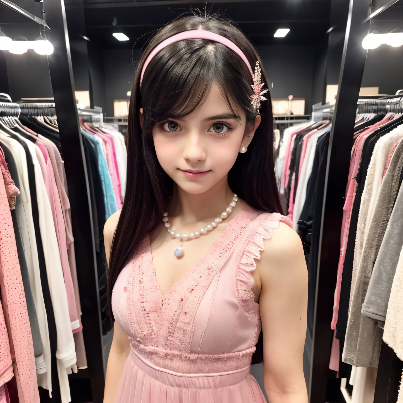 Teenage boy magically transformed into a cute girl, gender bending, anime style, pink eyes, long black hair with a streak of pink dye, is happy , effeminate face, dainty body, sheepish pose, blushing, small breast, cute lacy dress, bolero vest, black pantyhose, high heels, necklace and pearl earrings, cute hair accessories, clothing store, walking out of a dressing booth, masterpiece, highly detailed, 4K.