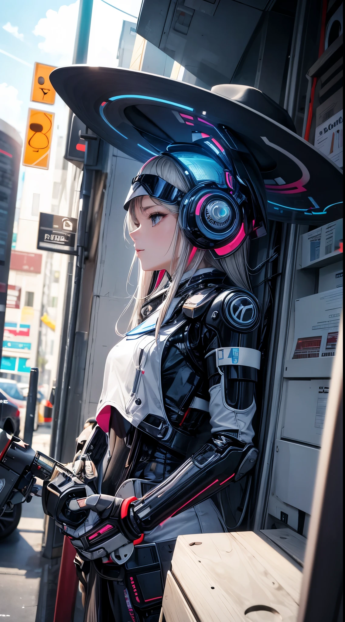 a woman wearing a hat and holding a robot, a stock photo by Hedi Xandt, featured on cg society, les automatistes, future tech, futuristic, sci-fi