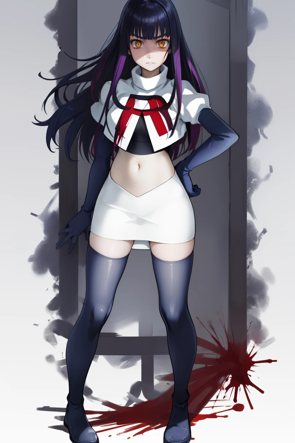 the anime, Furukawa Misao, yellow eyes, sad face, girl in depression, ((indigo hair)),  full height, Full-length girl, best Quality, blood, bloody girl, blood on hands, team rocket,team rocket uniform,white skirt,red letter R,crop top,black thigh-highs,black elbow gloves