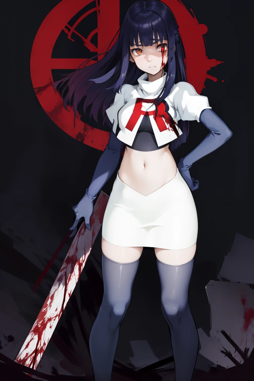 the anime, Furukawa Misao, yellow eyes, sad face, girl in depression, ((indigo hair)),  full height, Full-length girl, best Quality, blood, bloody girl, blood on hands, team rocket,team rocket uniform,white skirt,red letter R,crop top,black thigh-highs,black elbow gloves