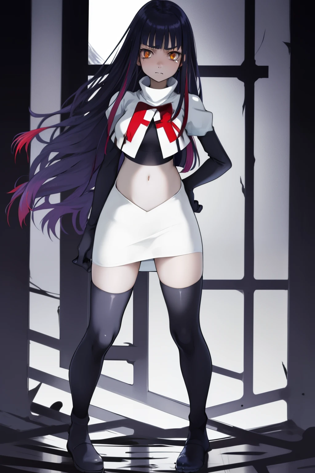 the anime, Furukawa Misao, yellow eyes, sad face, girl in depression, ((indigo hair)),  full height, Full-length girl, best Quality, blood, bloody girl, blood on hands, team rocket,team rocket uniform,white skirt,red letter R,crop top,black thigh-highs,black elbow gloves