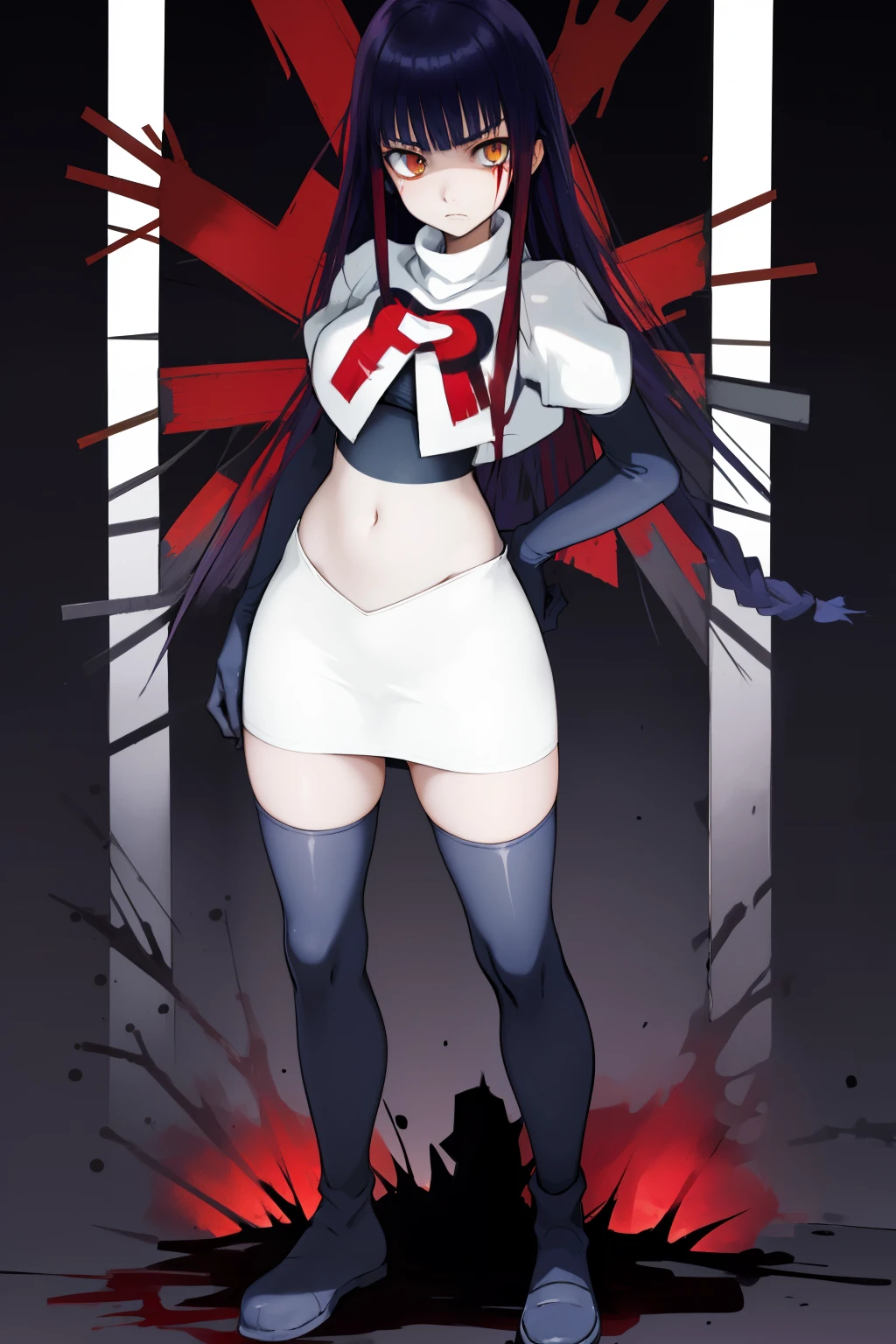 the anime, Furukawa Misao, yellow eyes, sad face, girl in depression, ((indigo hair)),  full height, Full-length girl, best Quality, blood, bloody girl, blood on hands, team rocket,team rocket uniform,white skirt,red letter R,crop top,black thigh-highs,black elbow gloves