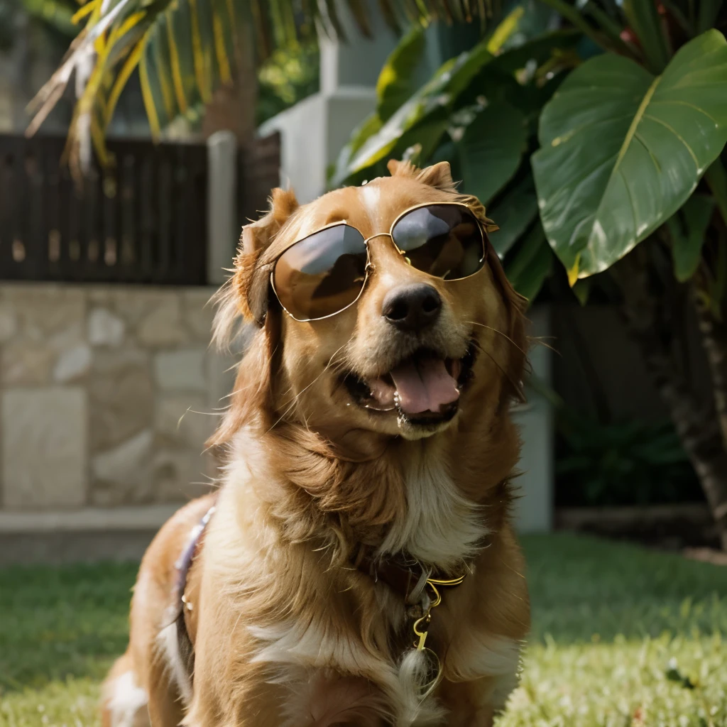 ((detalhes intrincados)), ((maior qualidade)), ((extrema qualidade de detalhes)), ((Complex composition)), Realistic image (((Happy Dog Wearing Sunglasses))) [golden retriever dog], [wearing sunglasses], [enjoying the summer on the garden lawn], [banhado pela luz solar forte]. Use a vibrant color palette with an emphasis on golden skin tones and lush greenery. Capture the essence of a sunny day with vivid colors and realistic textures,Joel Sartore, Eric Isselee, Maria Itina.