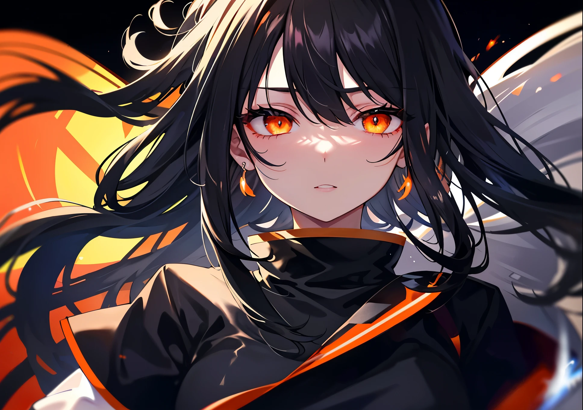One girl, Wearing large jet black clothes, ((Dark gray hair:0.7)、Longhaire, light skinned、((Orange eyes))、glowing_eyes、neon eyes、(超A detailed eye、beautiful and detailed face、A detailed eye:0.9), ((central)), ((wide Shots)), interview, Eye level, (black backgrounds, 燠firey, firey), see the beholder, ((Half closed eyes)), natta, clear subject, Eyes with highlights, , perfect anatomia, Perfect body