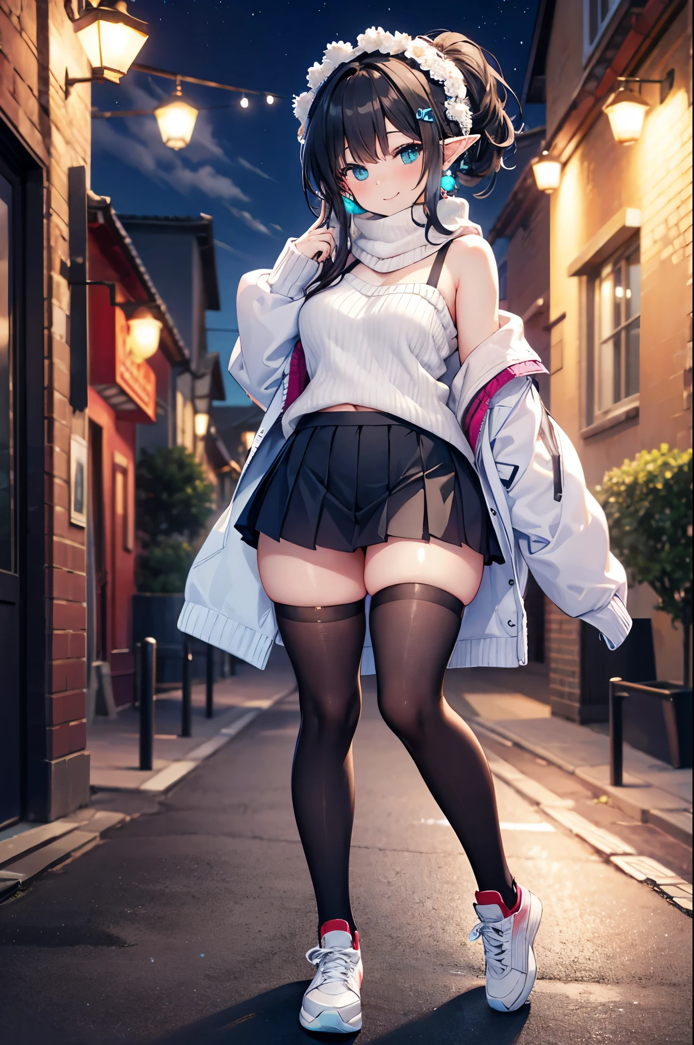 Detailed image, coherent image, high quality image, 1 elf, hair up with flower decorations, black hair.Turquoise eyes, long eyelashes, Earrings, smiling, wearing an off-shoulder sweater, with a scarf, pleated mini skirt, stockings to mid-thigh with light. Sneakers, curvy body, medium chest, thick thighs, round buttocks. At night, surrounded by snowflakes, Full body view, natural lighting,round ass