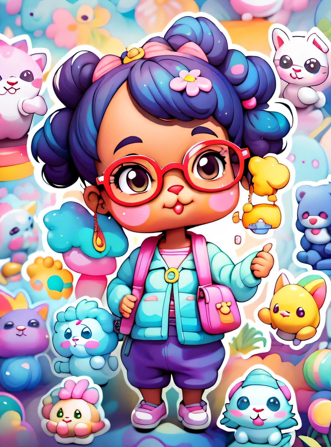 a cartoon girl with glasses, Menina afro-americana, menina elegante afro-americana, mochila roxa, long pants, Muitas bolhas, flor, super bonito funky menina preta, arte digital detalhada bonito, Retrato de uma Lisa Frank, arte digital bonito, arte dos desenhos animados, estilo de arte dos desenhos animados, full-colour illustration, advanced digital chibi art, Cartoon style illustration, painting digital adorable, estilo de arte bonito, Estilo Lisa Frank, personagem bonito dos desenhos animados, colorful flor