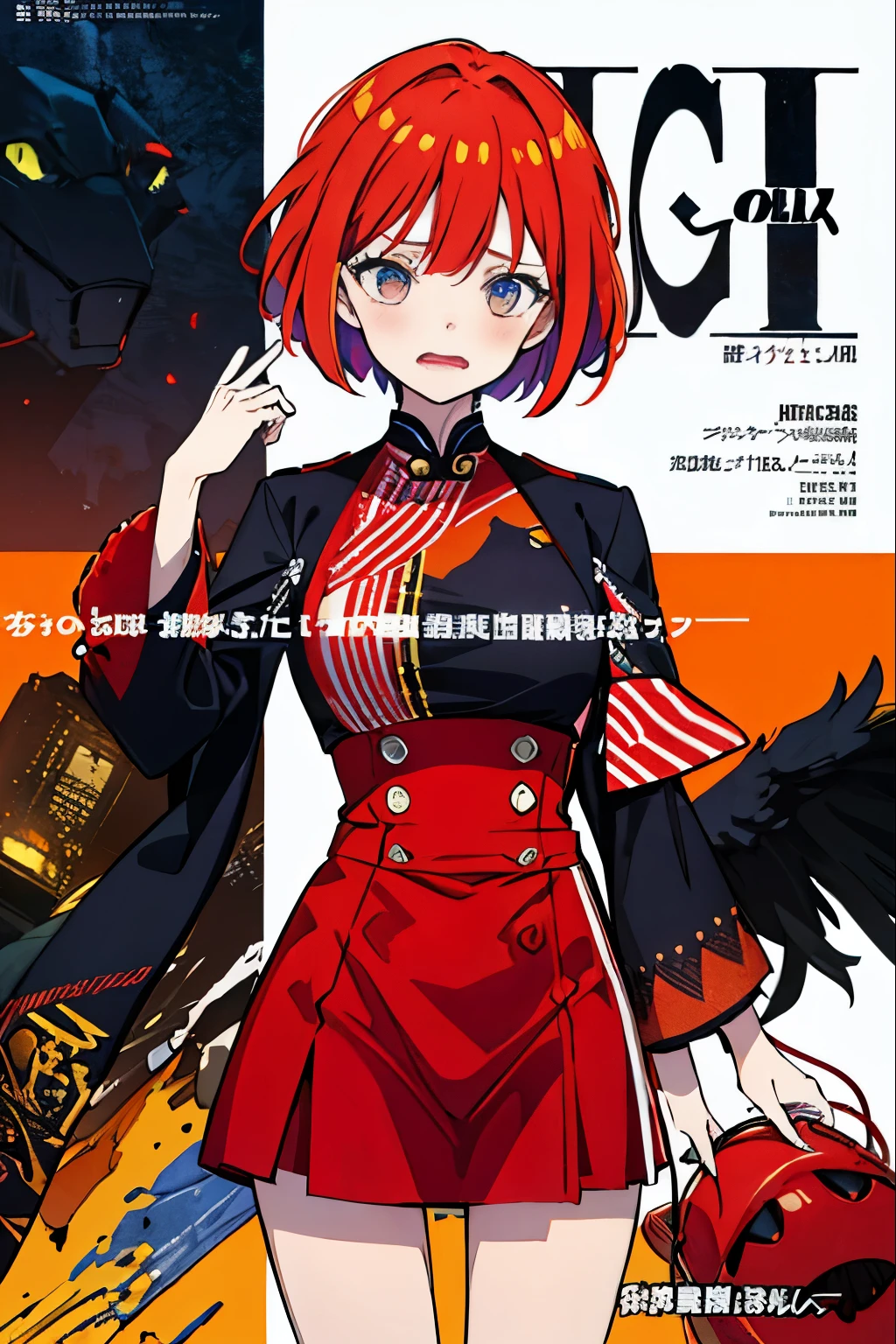 (masterpiece、top-quality、hight resolution)、 Kana Arima \(Oshinoko\), full of shyness、red hairs、Bob Hair、red blush、Wavy mouth、(((Dramatic)))、(((gritty)))、(((vehement))))The poster of the film appears as a central character。She is shy in the center of the poster、Wearing an idol costume、Has a determined look。The background is dark and rough、I feel like I'm drunk。Text is bold and eye-catching、Catchy slogans add to the overall drama and excitement。The color palette is dominated by dark colors.、Bright colors dotted、Make your poster dynamic and visually impactful、Tachi- e(magazine:1.3)、(cover-style:1.3)、Fashionable、with a vibrant、outfits、the pose、the front、colourfull、Dynamic、Background with、element、self-assured、Expressively、ngel、statement、attachment、An majestic、coiled、surroundings、Touch、The scene、Texto、covers、boldface、grab attention、Titles、lo fashion、Font、Catchy、Titles、Large、grab attention、moderno、 Trendy、concentrating、Stylish、1 girl in