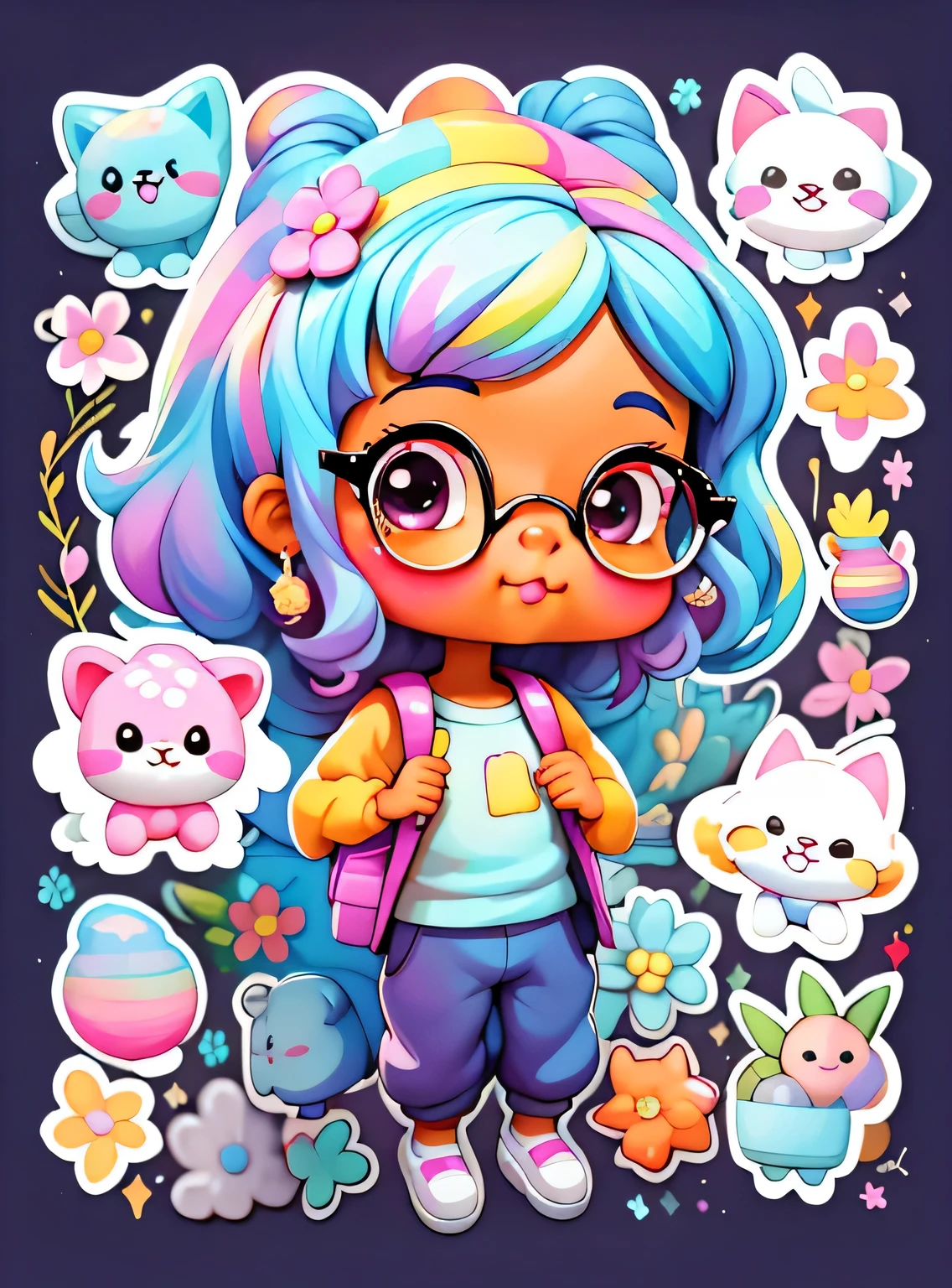 a cartoon girl with glasses, Menina afro-americana, menina elegante afro-americana, mochila roxa, long pants, Muitas bolhas, flor, super bonito funky menina preta, arte digital detalhada bonito, Retrato de uma Lisa Frank, arte digital bonito, arte dos desenhos animados, estilo de arte dos desenhos animados, full-colour illustration, advanced digital chibi art, Cartoon style illustration, painting digital adorable, estilo de arte bonito, Estilo Lisa Frank, personagem bonito dos desenhos animados, colorful flor