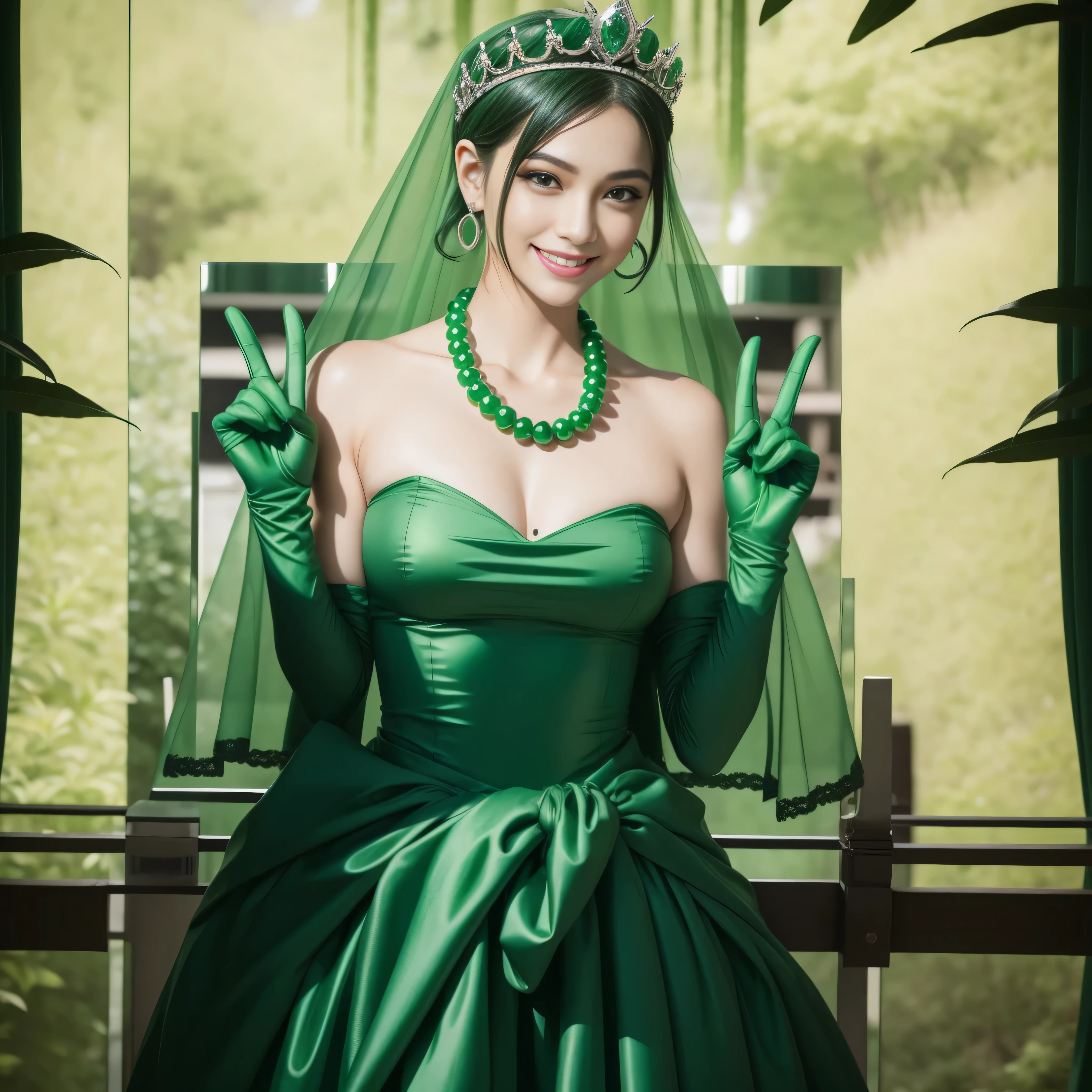 emerald tiara, Green Pearl Necklace, Boyish very short green hair, lipsticks, Japan woman smiling, very short short hair, ??????????? beautiful, Green eyes, Long green gloves made of satin material, Green eyes, Emerald Earrings, green vale, v sign