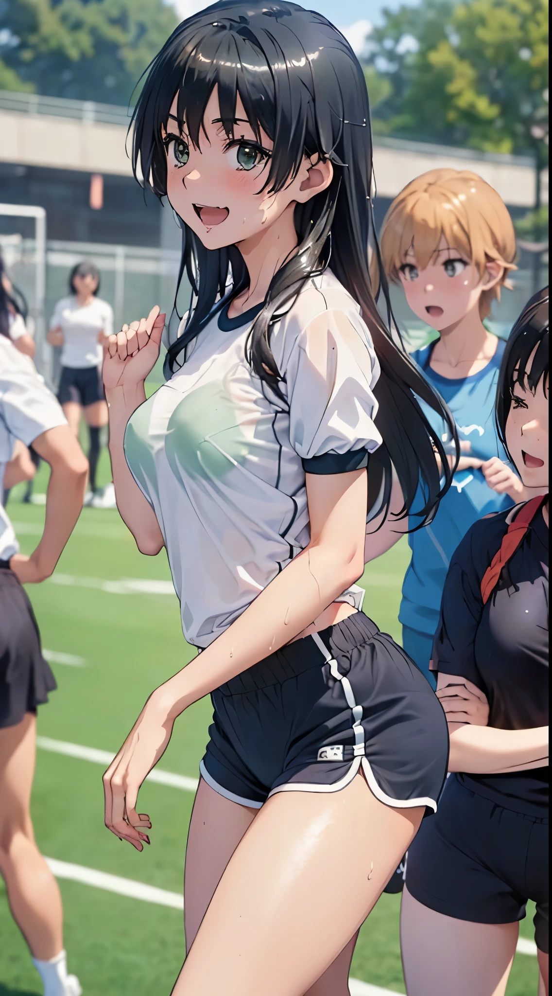 1womanl,Golden hair, beautiful breasts,(((Sexy white shiny short sleeve gym clothes and shorts、Smile with open mouth)),(((Nariko Saten))),((( portlate))),Crowds,Shiny white short sleeve gym clothes and shorts,(Wet with sweat),((athletic field)),((see -through)),outside of house,(((clothes shiny))),