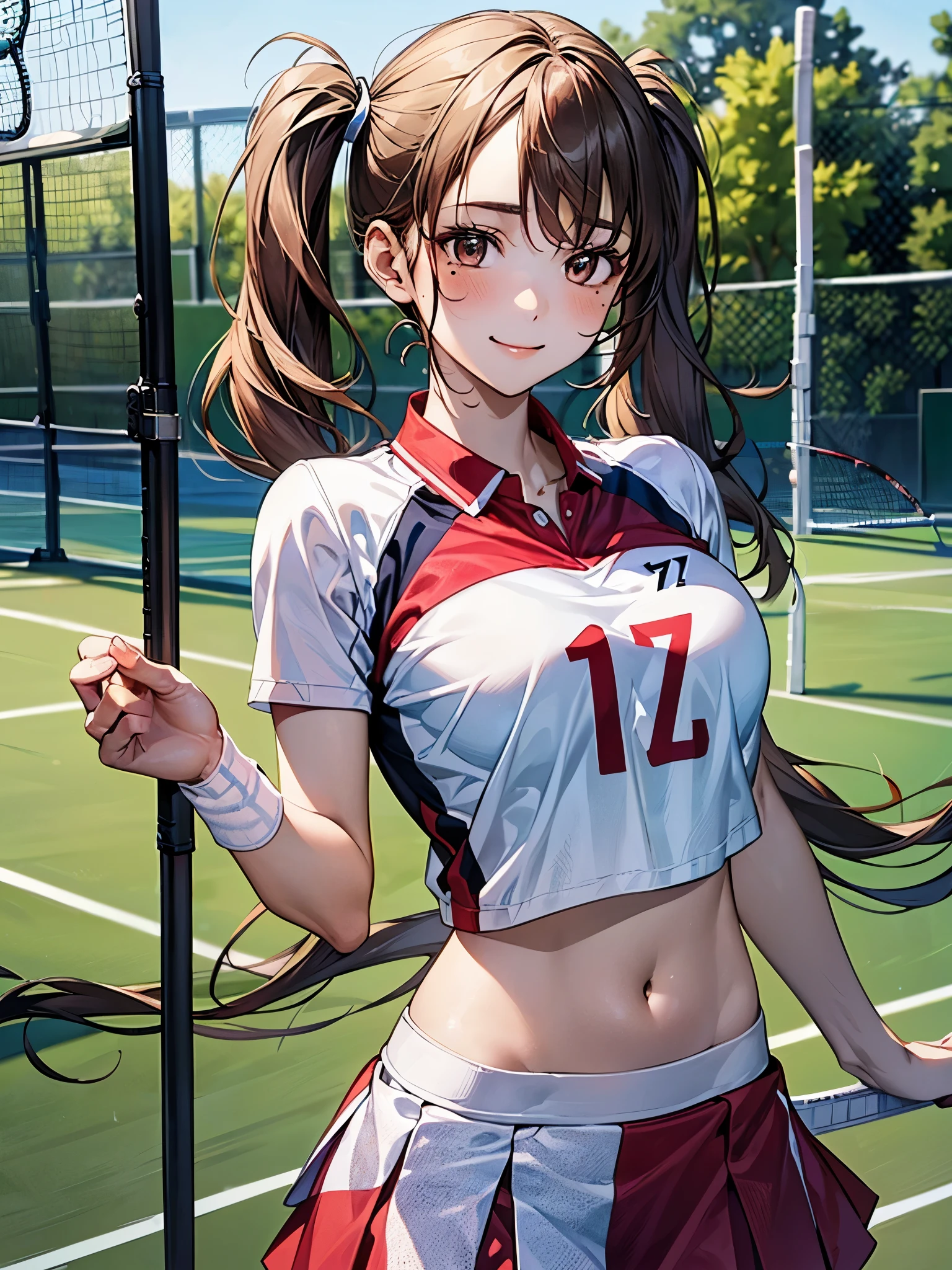 ((perfect anatomy, anatomically correct, super detailed skin)), 1 girl, japanese, , tennis player, shiny skin, watching the view, 
beautiful hair, beautiful face, beautiful detailed eyes, brown eyes, (long hair:1.7, twintails:1.5), babyface, mole under eye, 
beautiful clavicle, beautiful body, beautiful breasts, beautiful thighs, beautiful legs, large breasts:0.5, seductive thighs, cameltoe, bare arms, bare hands, bottomless, closeup cleavage, 
((symmetrical clothinetallic)), (((buruma), short sleeve, volleyball uniform, white shirt, red skirt, socks, tennis shoes)), break, 
smile, flipping skirt, dynamicposes, 
(beautiful scenery), evening, ((tennis court)), 
(8k, top-quality, masterpiece​:1.2, extremely detailed), (photorealistic:1.2), beautiful illustration, depth of fields, natural lighting,