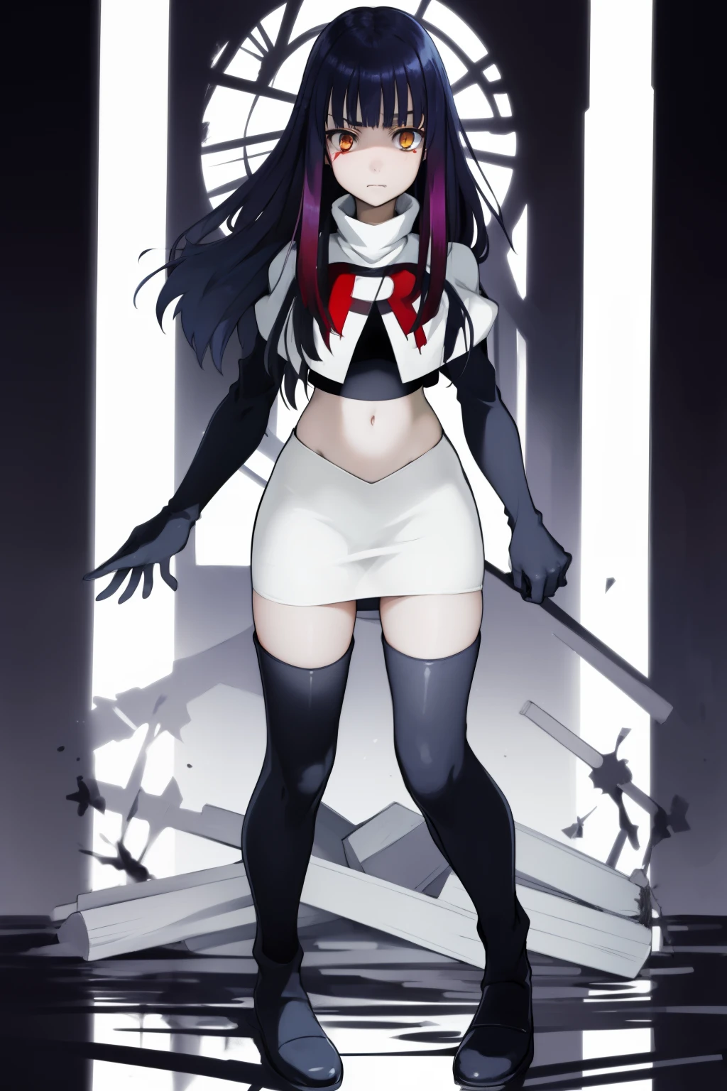 the anime, Furukawa Misao, yellow eyes, sad face, girl in depression, ((indigo hair)),  full height, Full-length girl, best Quality, blood, bloody girl, blood on hands, team rocket,team rocket uniform,white skirt,red letter R,crop top,black thigh-highs,black elbow gloves