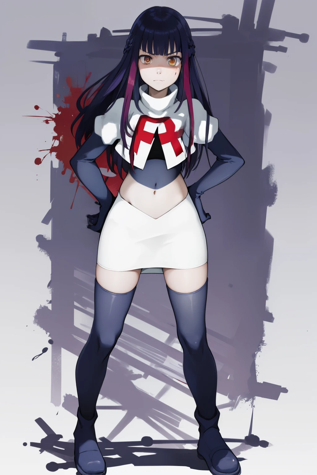 the anime, Furukawa Misao, yellow eyes, sad face, girl in depression, ((indigo hair)),  full height, Full-length girl, best Quality, blood, bloody girl, blood on hands, team rocket,team rocket uniform,white skirt,red letter R,crop top,black thigh-highs,black elbow gloves