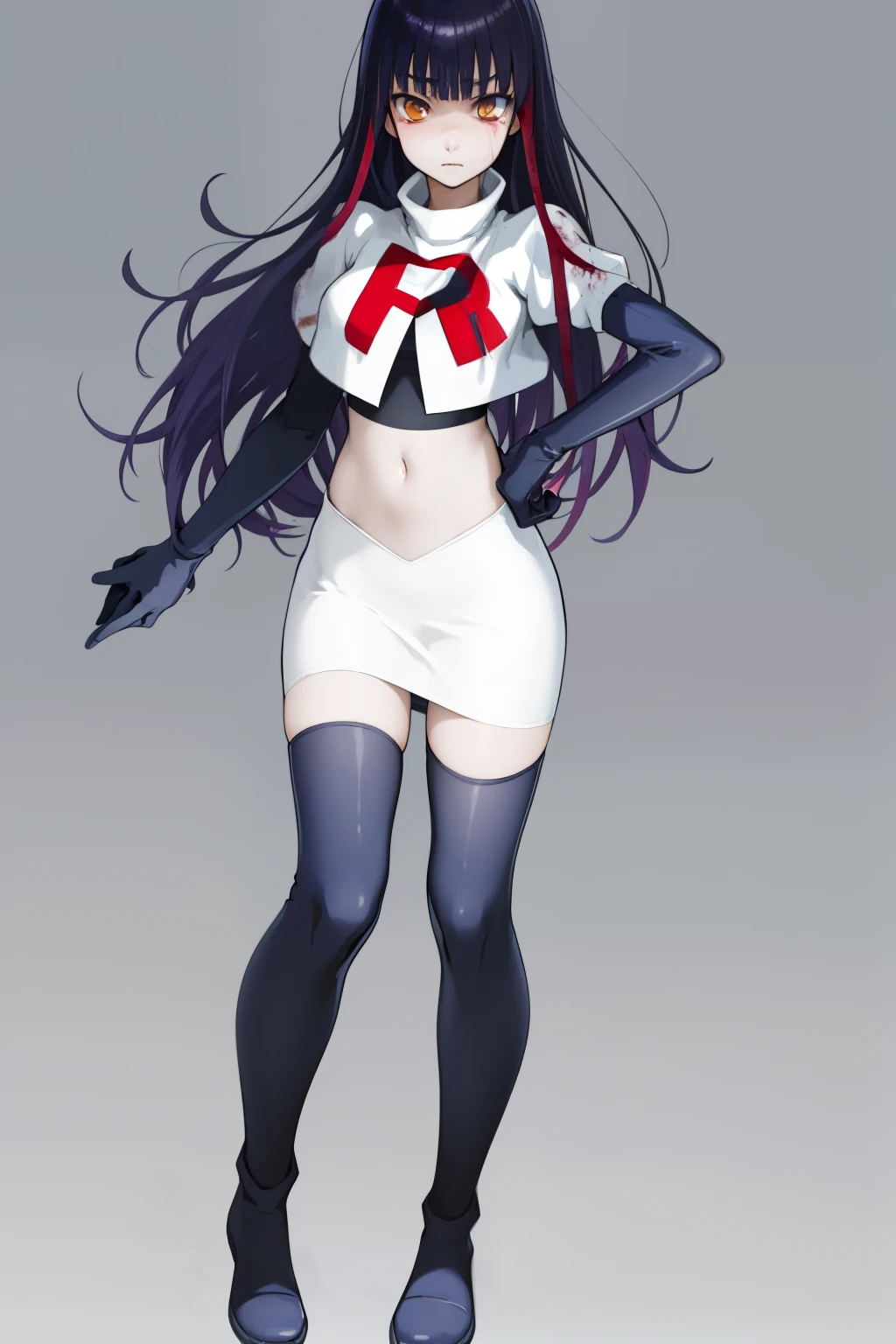 the anime, Furukawa Misao, yellow eyes, sad face, girl in depression, ((indigo hair)),  full height, Full-length girl, best Quality, blood, bloody girl, blood on hands, team rocket,team rocket uniform,white skirt,red letter R,crop top,black thigh-highs,black elbow gloves