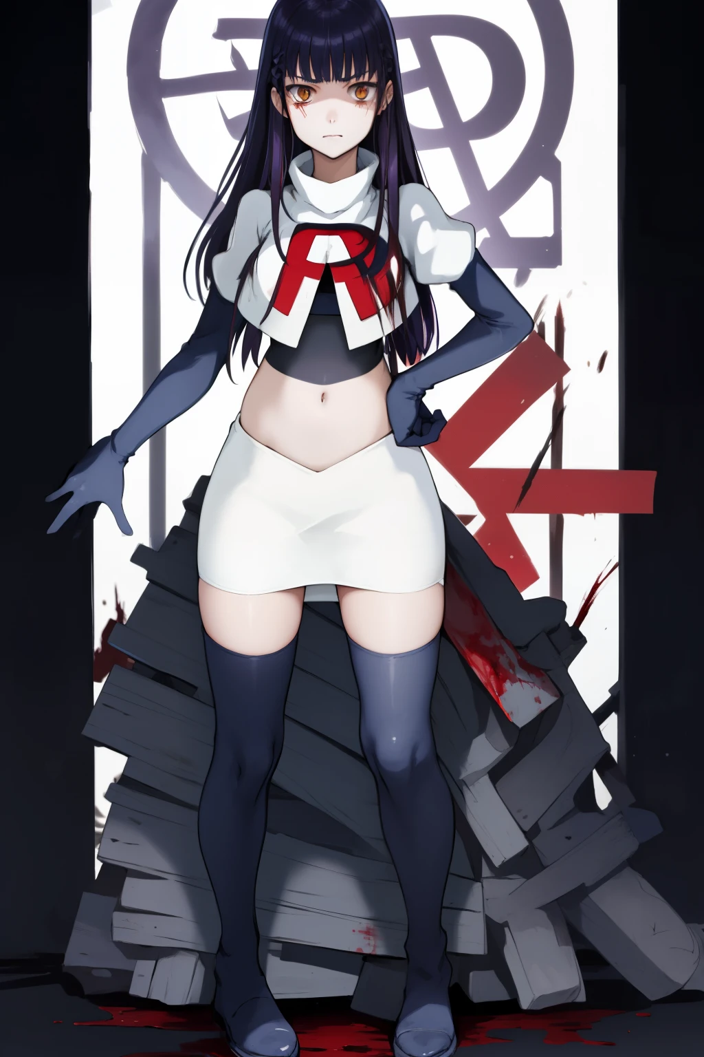 the anime, Furukawa Misao, yellow eyes, sad face, girl in depression, ((indigo hair)),  full height, Full-length girl, best Quality, blood, bloody girl, blood on hands, team rocket,team rocket uniform,white skirt,red letter R,crop top,black thigh-highs,black elbow gloves