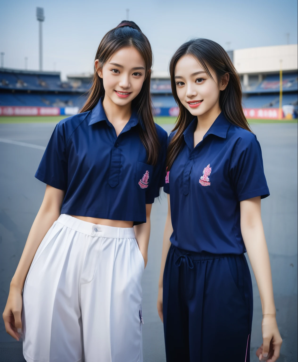(bestquality,10,10,highres,masterpiece:1.2),ultra-detail,(Realistic,ภาพRealistic,photo-realistic:1.37),1 Cute girl in the football field,oily shiny skin,bara,light smile,BDclothelue shirt:1.3)),short sleeves,shirt, trousers.,(navy_long_ติดตามtrousers:1.1), ((Stadium Background:1.3)),dynamic angle,excited,face focus,Dynamic Poses,from behide,Ass Focus,masterpiece, bestquality, ultra realistic, hyper-detail, 8k resolution, RAW photo, crisp focus, ((Navy blue shirt:1.1)), short sleeves, เส้นทางlong, Complete bodyแบบ, 2 mature women, 18yo, cinematic light,trousersวอร์มสีน้ําเงิน,Gymware,Correct anatomy,Complete body, Correct body, sharp face, Correct bodyทางกายวิภาค, full entire body, Realistic gestures, long-haired, Realistic poses,Wear long shorts..............................,ช่วงขาlong,Shapely,Sculpting Girl, Slender Figure, mannequin mannequins, Shapely, Beautiful body,trousersวอร์มสีน้ําเงิน, Two girls kissing