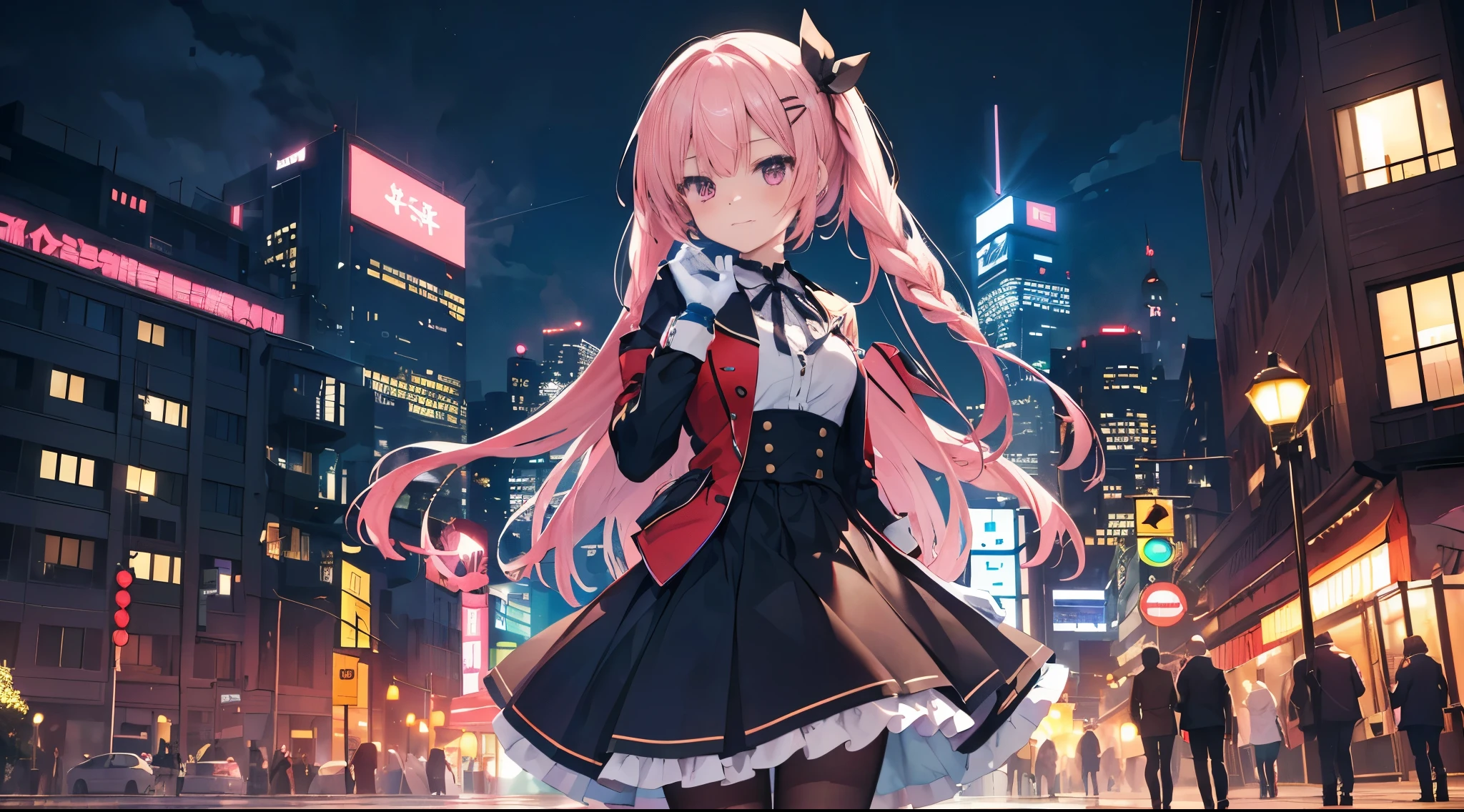 one-girl,solo,The city at night,is shy,Be red in the face,Purple eye,((black color dreslack pantyhoses)),medium,gentleness,ssmile,((With bare armlack glove,Place your hands behind your back,night city background,Mitsukasa Ayase,Long straight pink hair,No hair accessories,7 figures