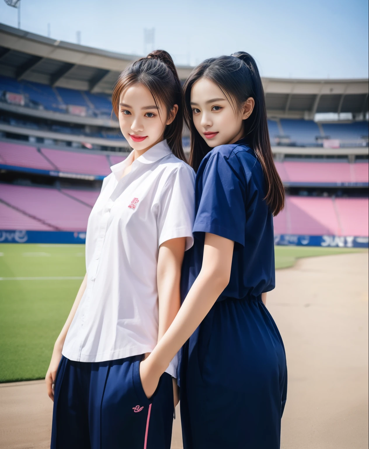 (bestquality,10,10,highres,masterpiece:1.2),ultra-detail,(Realistic,ภาพRealistic,photo-realistic:1.37),1 Cute girl in the football field,oily shiny skin,bara,light smile,BDclothelue shirt:1.3)),short sleeves,shirt, trousers.,(navy_long_ติดตามtrousers:1.1), ((Stadium Background:1.3)),dynamic angle,excited,face focus,Dynamic Poses,from behide,Ass Focus,masterpiece, bestquality, ultra realistic, hyper-detail, 8k resolution, RAW photo, crisp focus, ((Navy blue shirt:1.1)), short sleeves, เส้นทางlong, Complete bodyแบบ, 2 mature women, 18yo, cinematic light,trousersวอร์มสีน้ําเงิน,Gymware,Correct anatomy,Complete body, Correct body, sharp face, Correct bodyทางกายวิภาค, full entire body, Realistic gestures, long-haired, Realistic poses,Wear long shorts..............................,ช่วงขาlong,Shapely,Sculpting Girl, Slender Figure, mannequin mannequins, Shapely, Beautiful body,trousersวอร์มสีน้ําเงิน, Two girls kissing