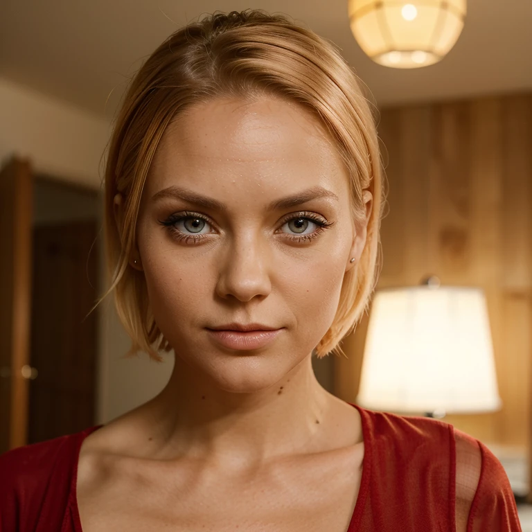 Female doctor 31 years old Scandinavian attractive model in red dress, detailed eyes, eyelashes, forehead, short hair, yellow hair, looking at viewer, red