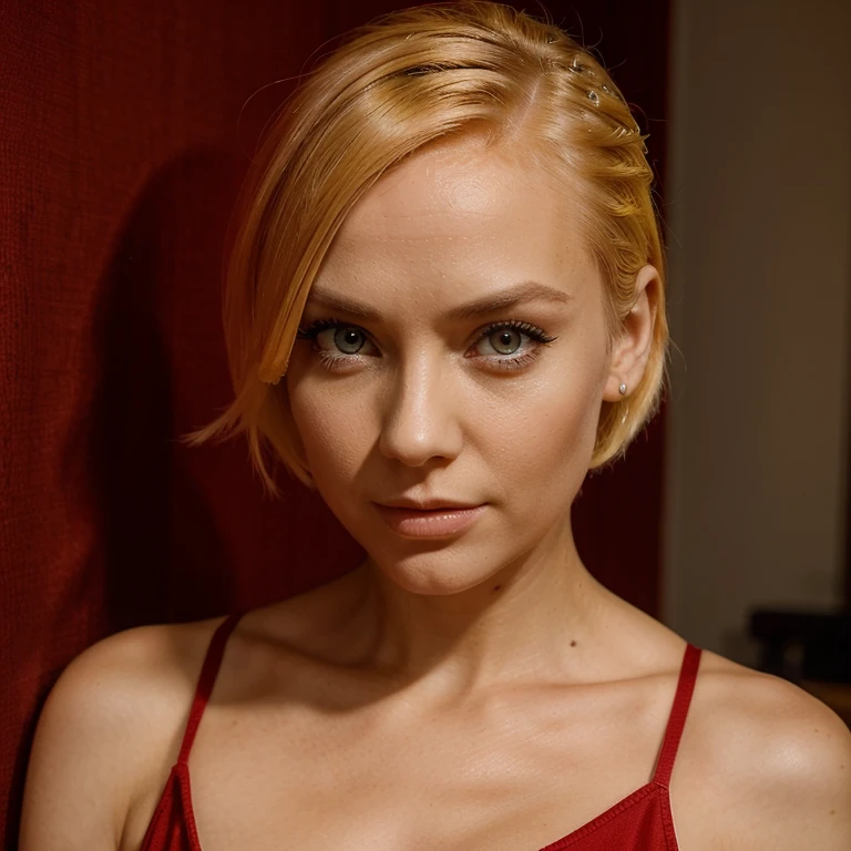 Slender blonde girl , short hair with gothic makeup voluminous lips ,nsfw and beautiful landscapes
