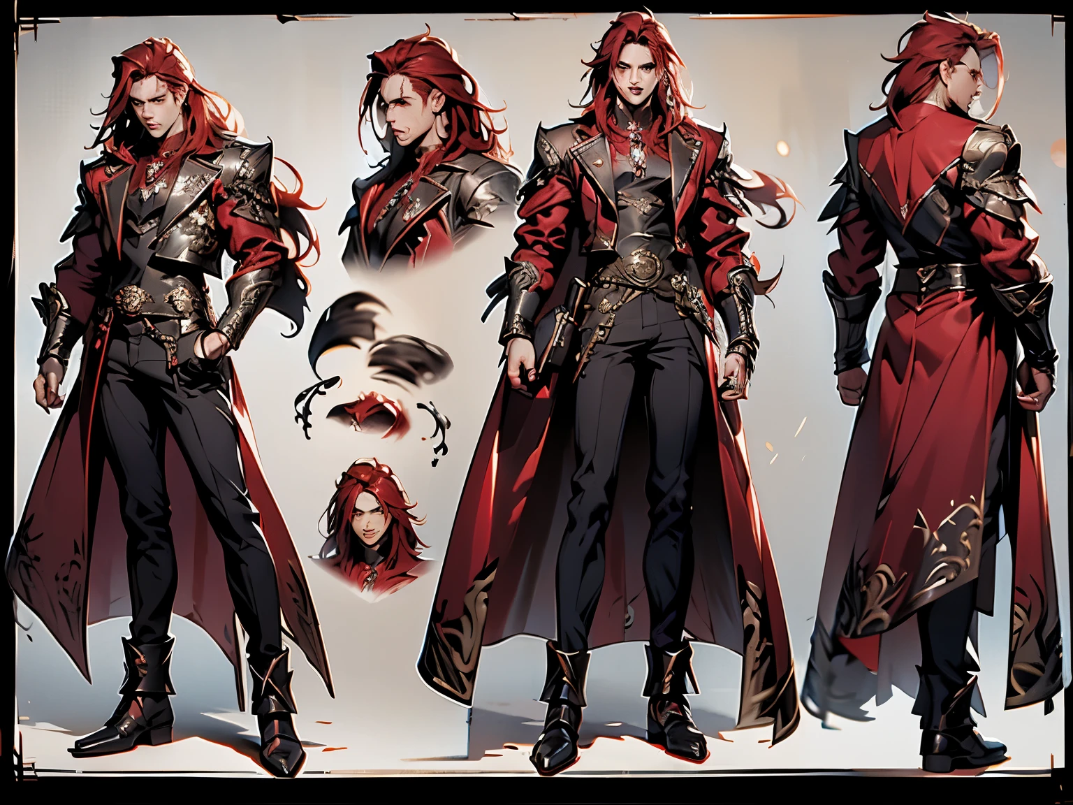 Reference sheet, full body, front and side view, handsome vampire man, rock style, red hair, male handsome