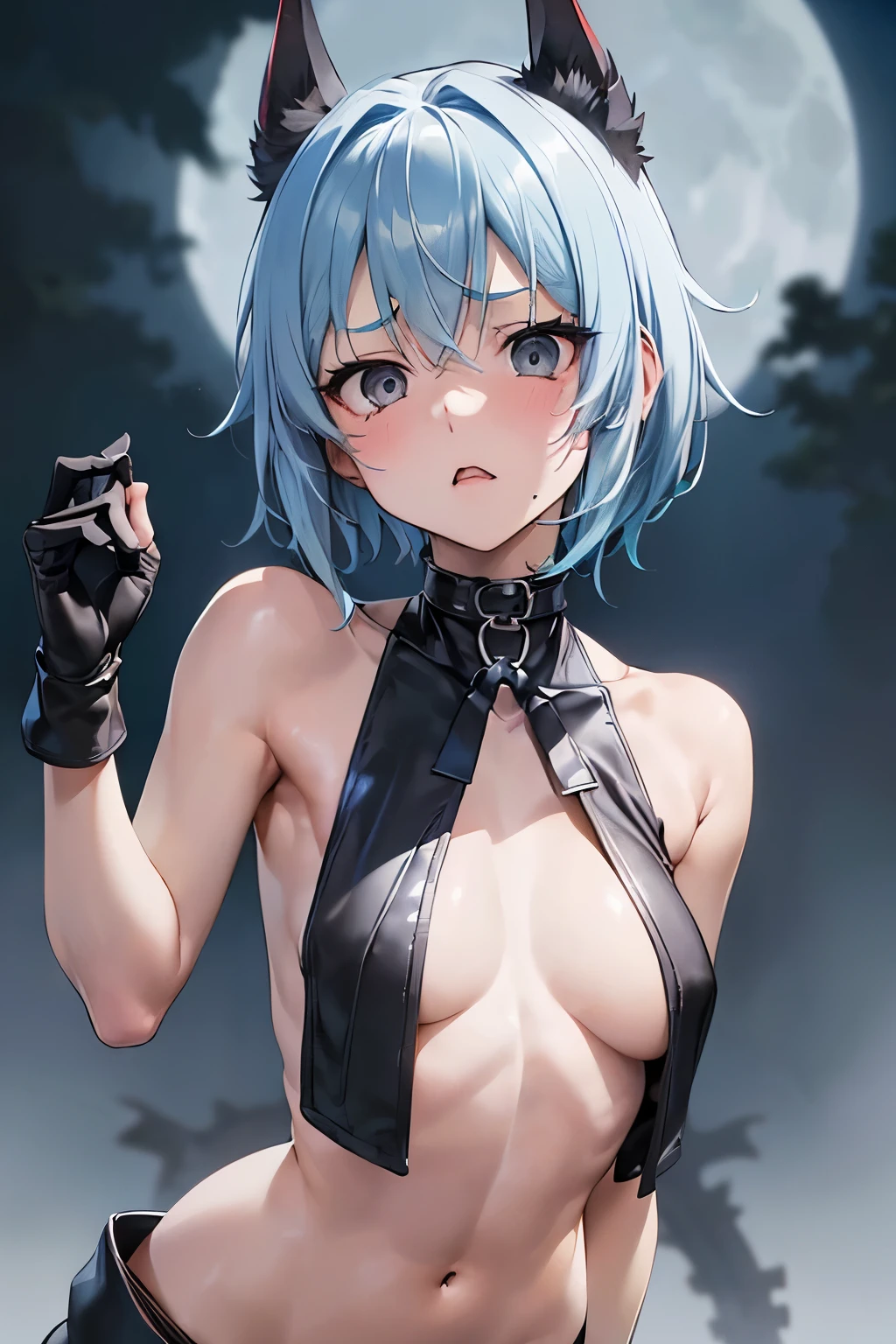 masutepiece, Best Quality, 1girl in,lightblue hair, (black eyes:1.2),((Upper body naked))、((Chest bare from the neck))、((embarassed expression))、((fullmoon))、((Photo from below))、(((thigh high boots)))、((Short Hair Hair))、((Black Long Gloves))、((open one's legs))、((Black panties))、((tiarra))、