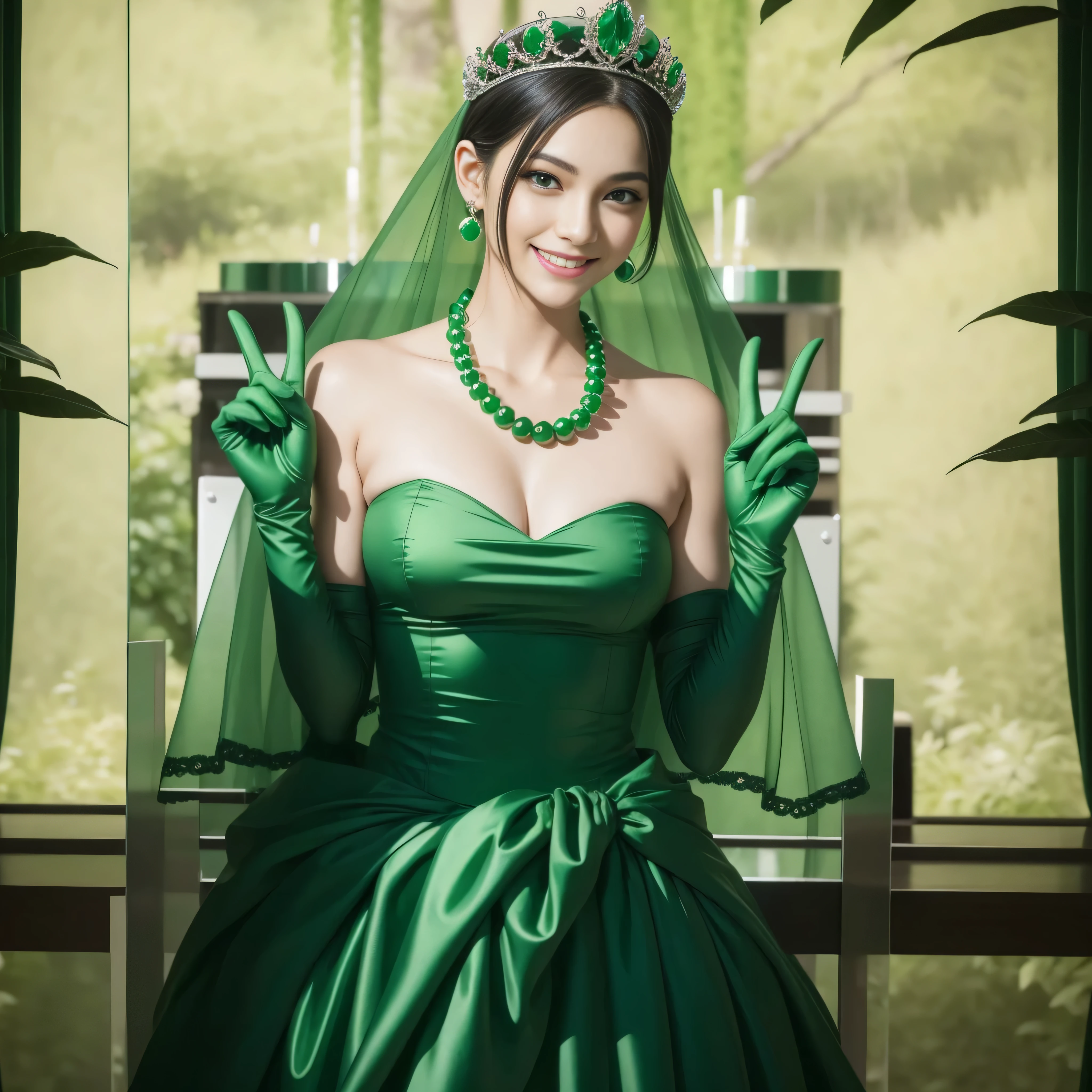 emerald tiara, Green Pearl Necklace, Boyish very short green hair, lipsticks, Japan woman smiling, very short short hair, big breasts beautiful, Green eyes, Long green gloves made of satin material, Green eyes, Emerald Earrings, green vale, v sign