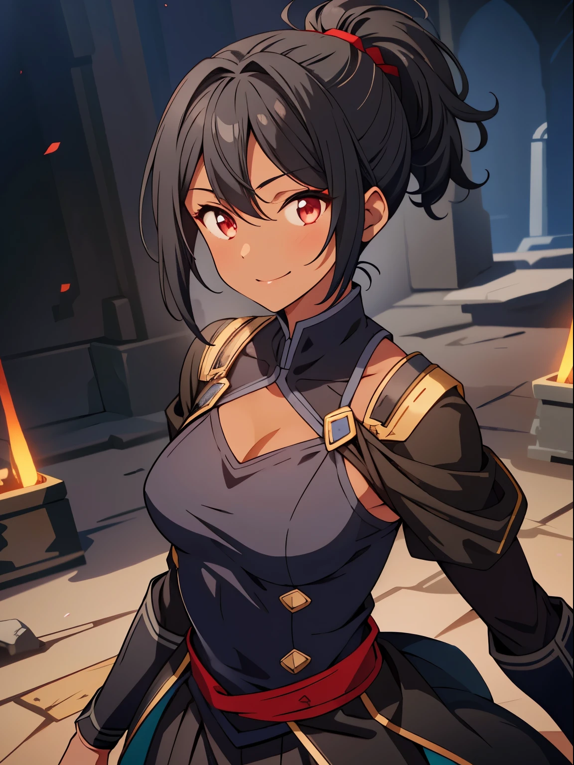 dreamy, (masterpiece), best quality, 1girl, Black short hair, amazing, beautiful detailed eyes, red eyes, fine details, depth of field, extremely detailed CG, ((Black skin)), Medieval outfit, black skirt, black shirt with red details, red sleeve, small breasts, muscular girl, korra, dark skin, dark-skinned female, ponytail, hair tubes, short hair, perfect anatomy, perfect hands, 1girl, solo,(high detailed skin:1.2), beautiful (skinny:0.8), (black skin:0.2), medieval background , smiling, Stop,