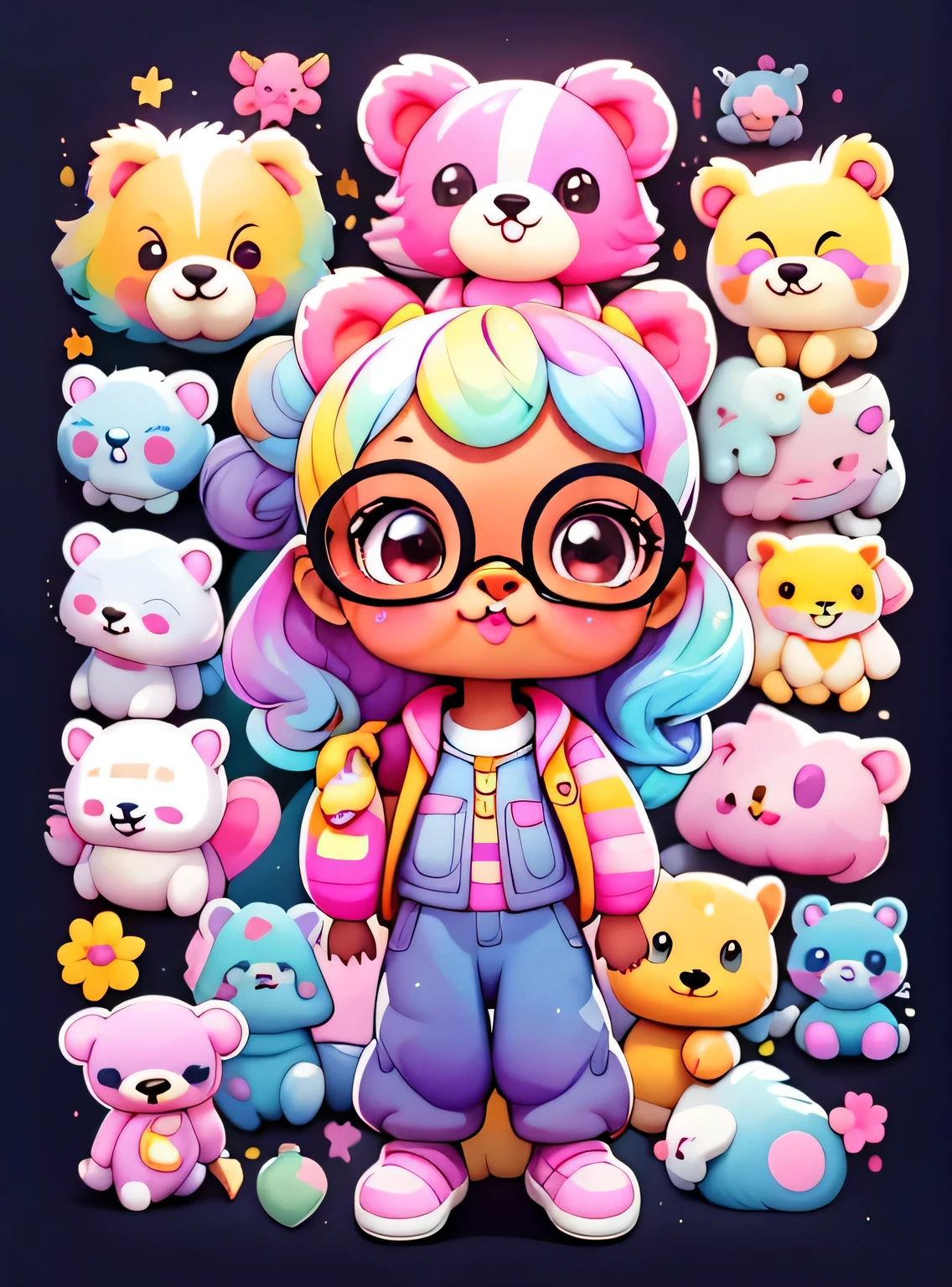 a cartoon girl with glasses, Menina afro-americana, menina elegante afro-americana, mochila roxa, long pants, camisa de urso, super bonito funky menina preta, arte digital detalhada bonito, Retrato de uma Lisa Frank, arte digital bonito, arte dos desenhos animados, estilo de arte dos desenhos animados, full-colour illustration, advanced digital chibi art, Cartoon style illustration, painting digital adorable, estilo de arte bonito, Estilo Lisa Frank, personagem bonito dos desenhos animados