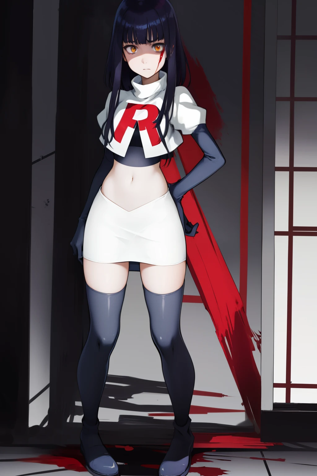 the anime, Furukawa Misao, yellow eyes, sad face, girl in depression, ((indigo hair)),  full height, Full-length girl, best Quality, blood, bloody girl, blood on hands, team rocket,team rocket uniform,white skirt,red letter R,crop top,black thigh-highs,black elbow gloves