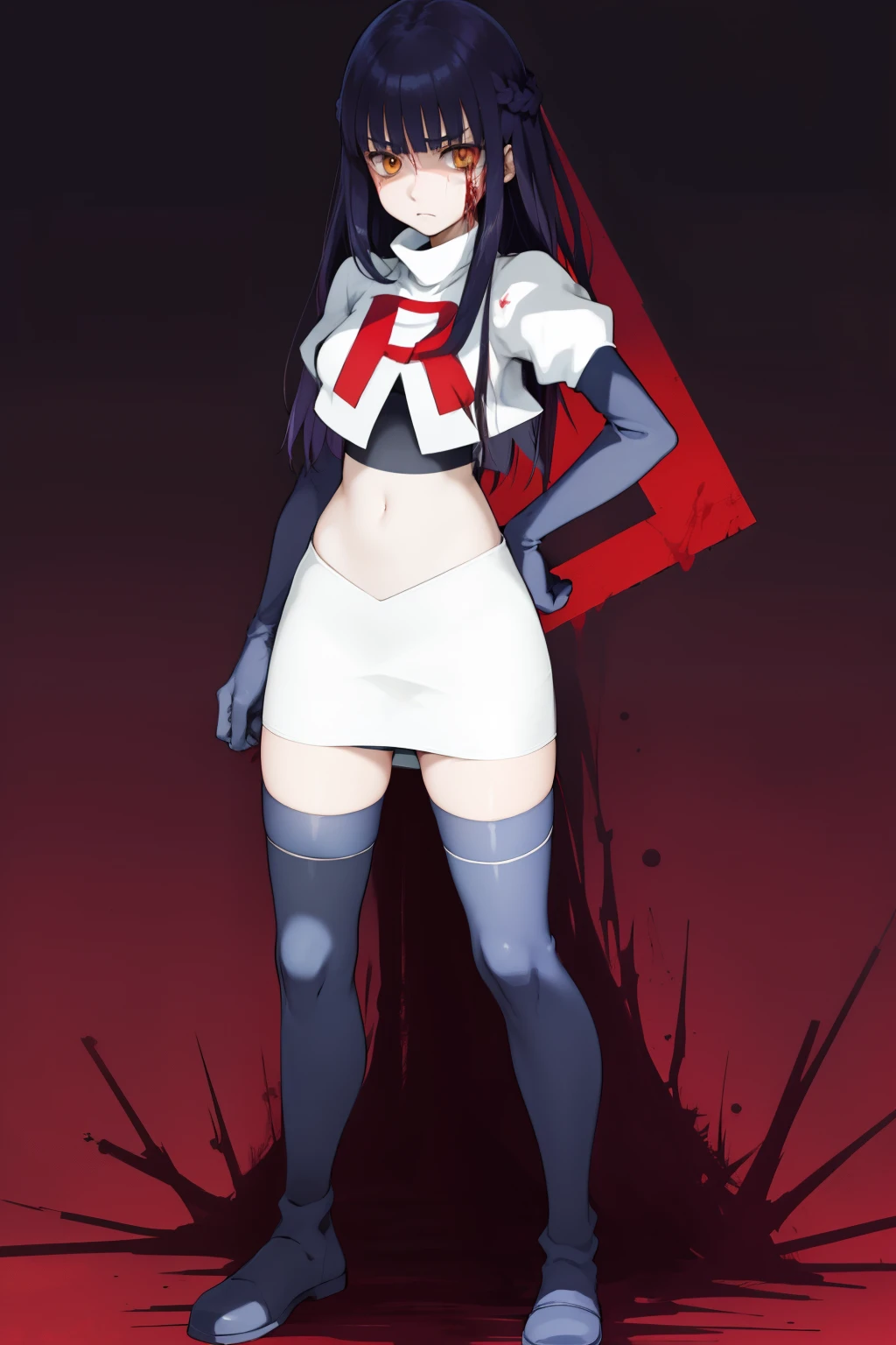 the anime, Furukawa Misao, yellow eyes, sad face, girl in depression, ((indigo hair)),  full height, Full-length girl, best Quality, blood, bloody girl, blood on hands, team rocket,team rocket uniform,white skirt,red letter R,crop top,black thigh-highs,black elbow gloves