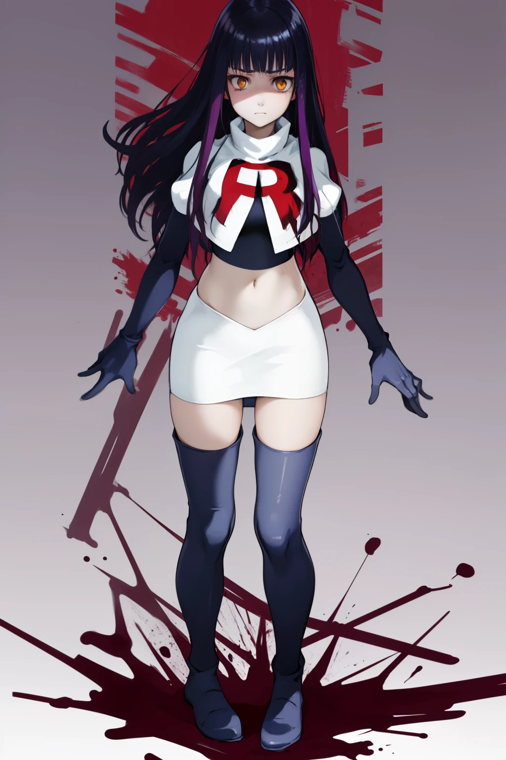 the anime, Furukawa Misao, yellow eyes, sad face, girl in depression, ((indigo hair)),  full height, Full-length girl, best Quality, blood, bloody girl, blood on hands, team rocket,team rocket uniform,white skirt,red letter R,crop top,black thigh-highs,black elbow gloves