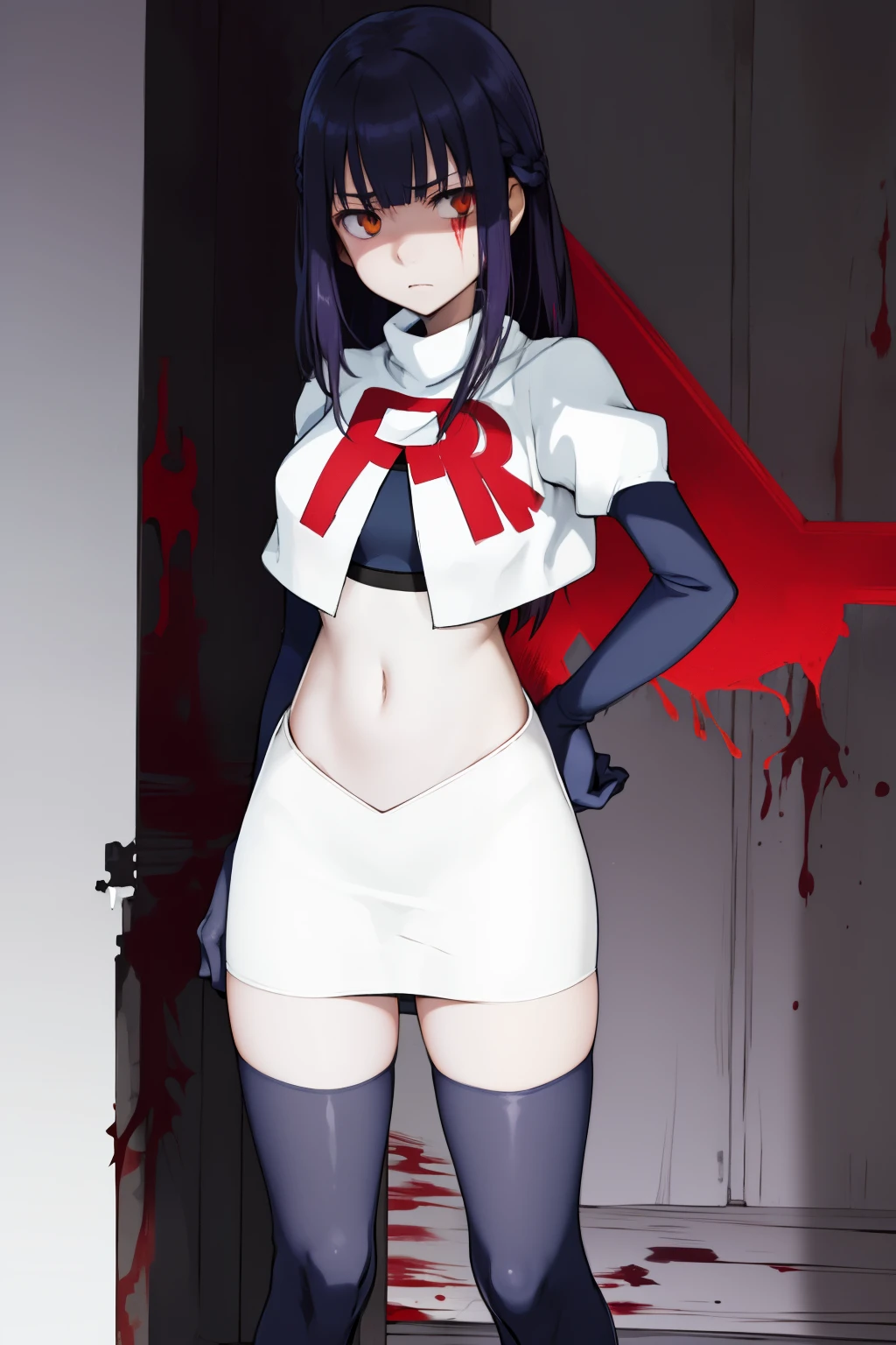 the anime, Furukawa Misao, yellow eyes, sad face, girl in depression, ((indigo hair)),  full height, Full-length girl, best Quality, blood, bloody girl, blood on hands, team rocket,team rocket uniform,white skirt,red letter R,crop top,black thigh-highs,black elbow gloves