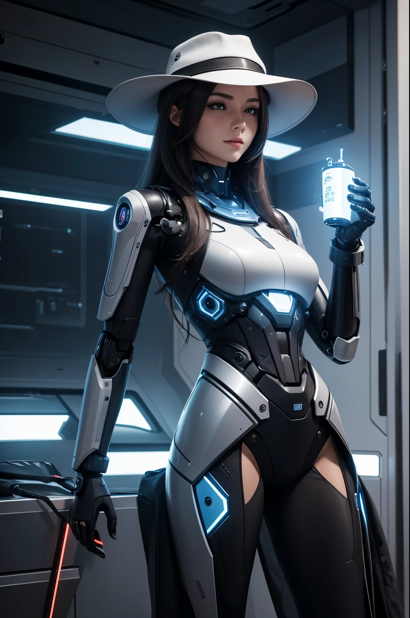 a woman wearing a hat and holding a robot, a stock photo by Hedi Xandt, featured on cg society, les automatistes, future tech, futuristic, sci-fi