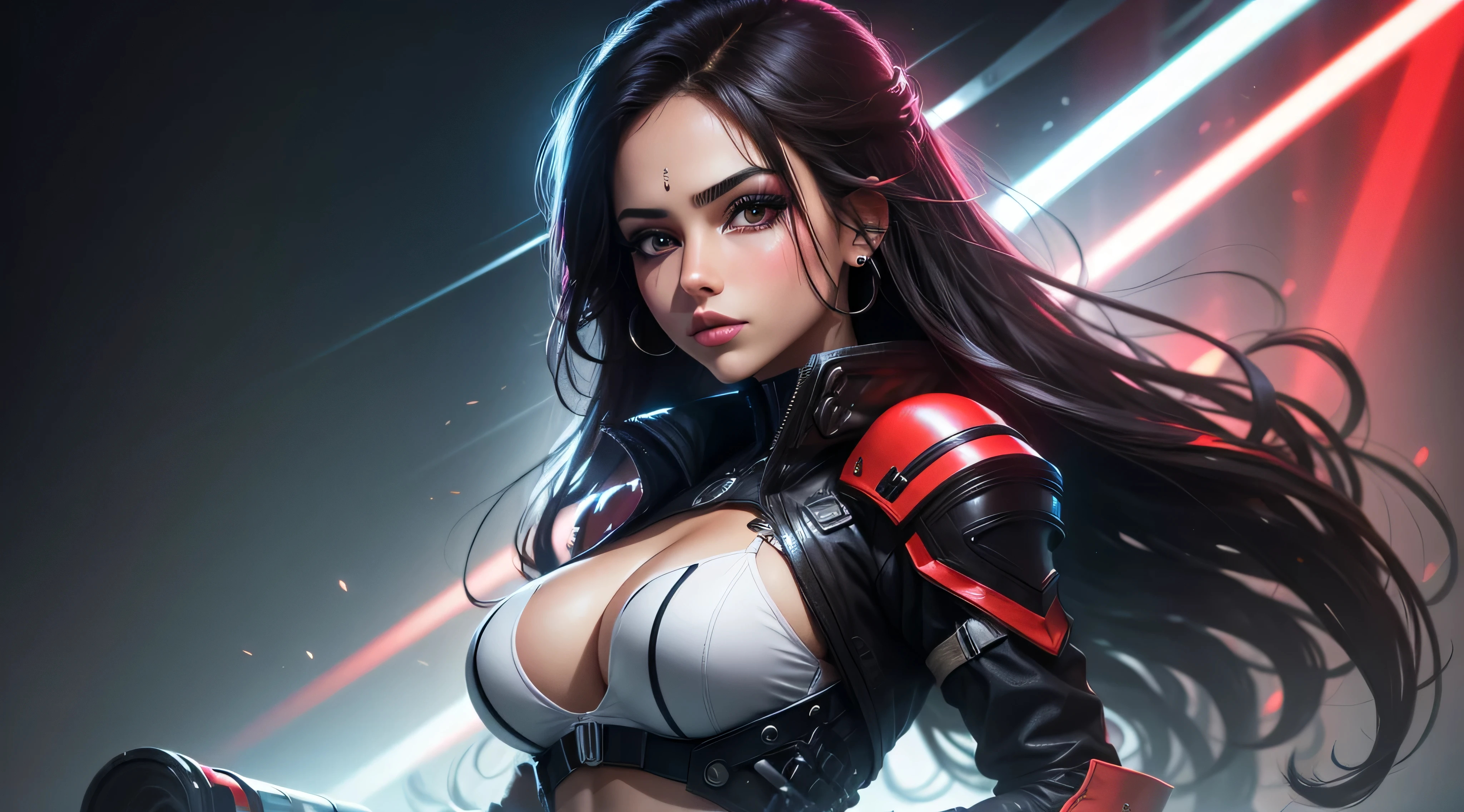 mujer hermosa, ojos rojos , cabello negro , estililo cyber