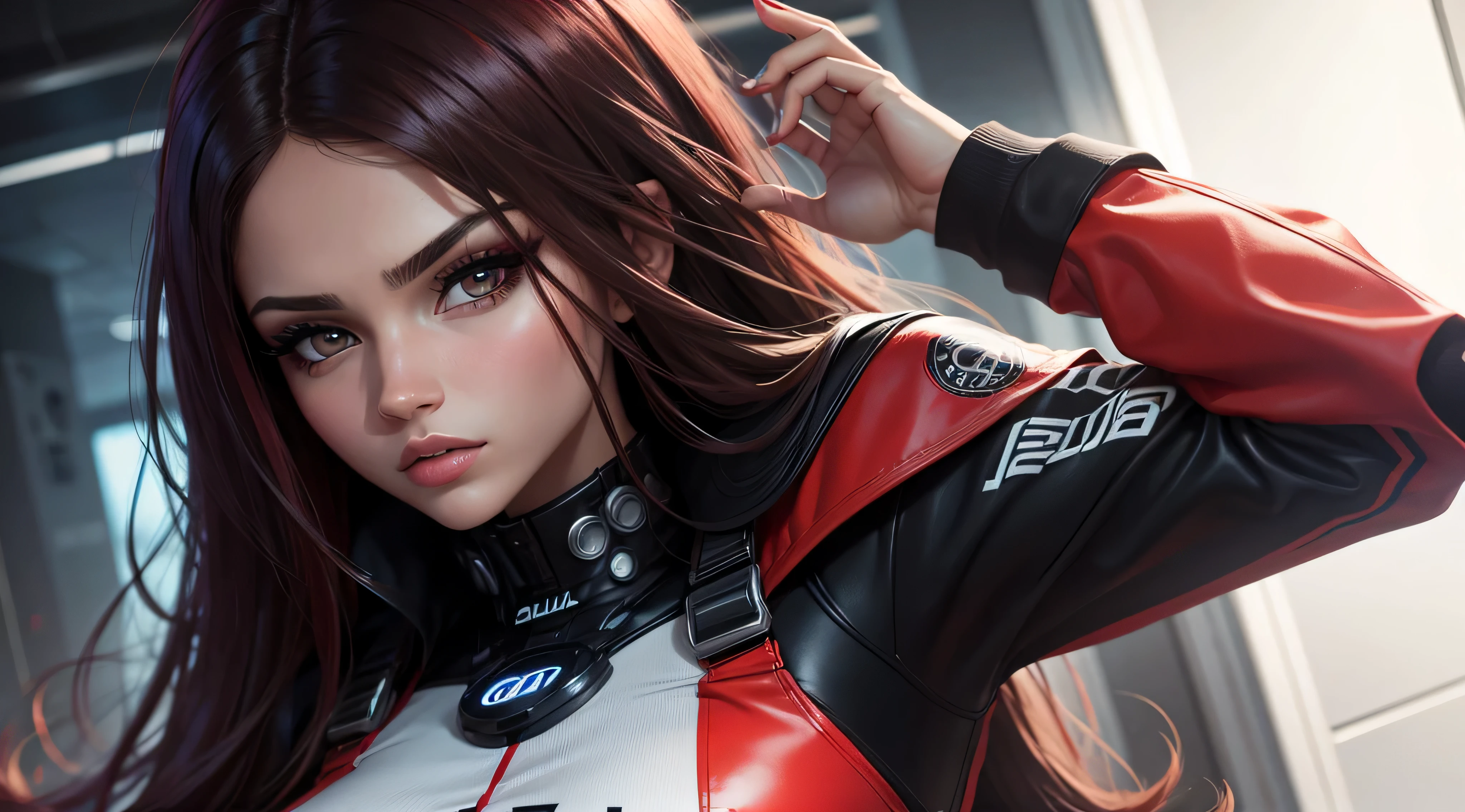 mujer hermosa, ojos rojos , cabello negro , estililo cyber