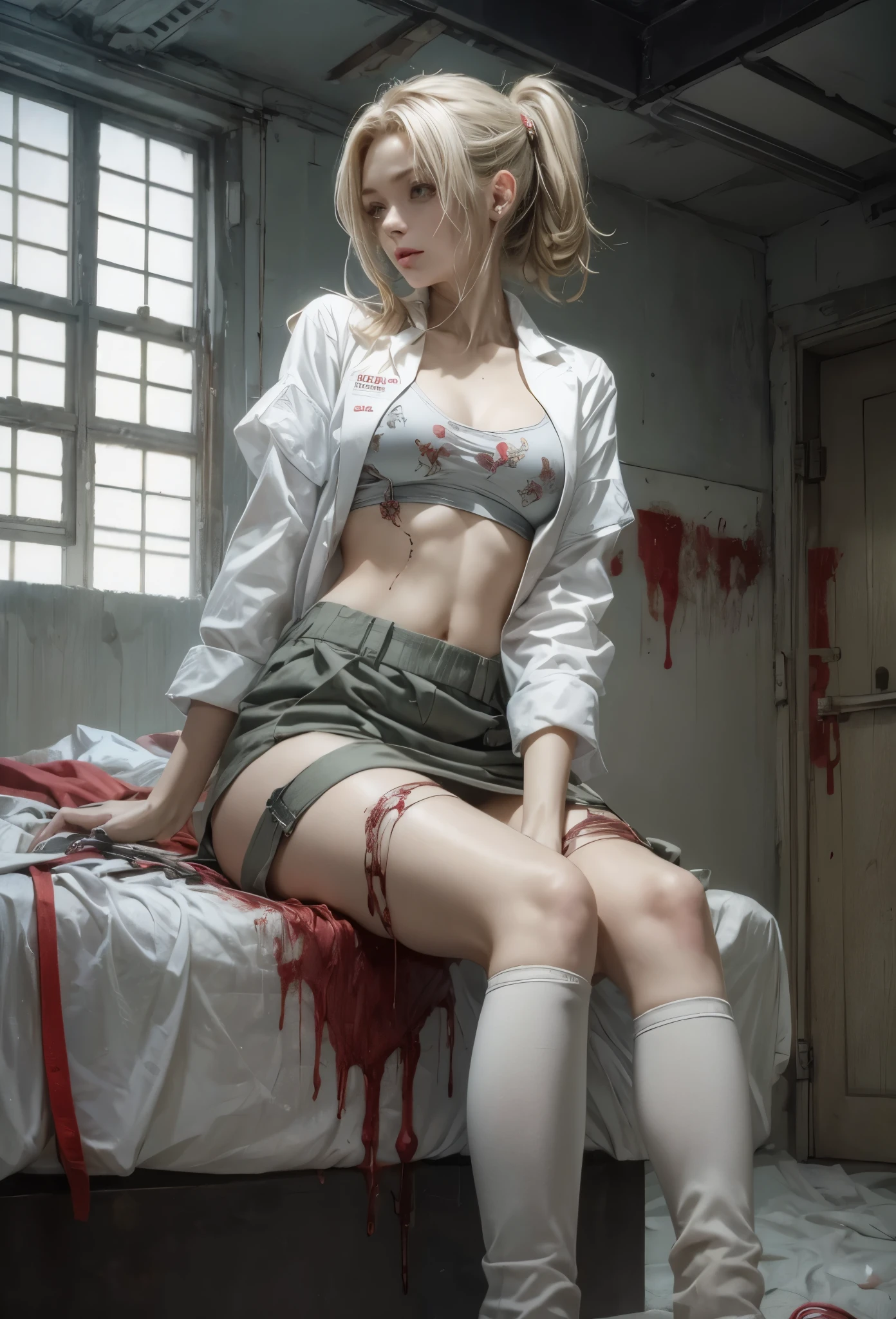 (Detailed illustrations,Very detailed and detailed drawing,Delicate lines with slow and rapid,Realistic texture expression),[Color tressed main line],Inorganic concrete room[Night Hospital],(Japan adult female[28 year old](Zombie Nurse))Hair put together [SKINNY((Small breasts))][pale skin](sickly look),[[bandaged]Bondage Fashion],[Return blood],(Fine and beautiful skin expression [Transparency]),[Meticulously drawn hair],(完璧な手のdetaileds [Beautiful fingers without breakdowns [Beautiful nails]]),(Perfect Anatomy(Perfectly proportioned))[[Full body like]],[Ideal color coordination(Accurate simulation of light-material interactions)],([Precision Detail](detaileds,high-detail)),[[Pale and gentle colors]][Visual art that conveys a sense of narrative] [[Eros in the Natural Body]].
