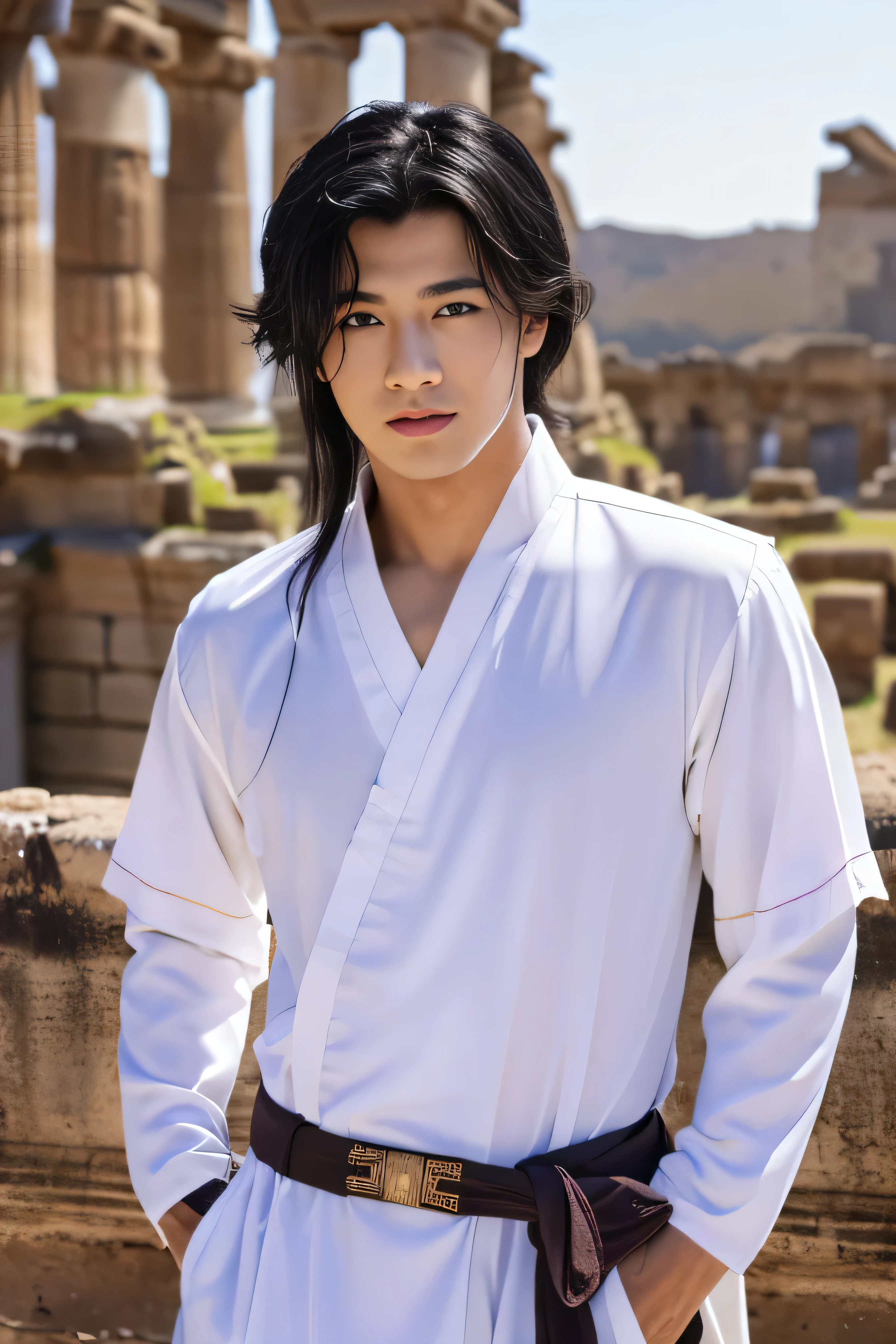 Best quality, masterpiece, ultra high res, (photorealistic:1.4), detailed face, detailed eyes, raw photo, young handsome male, black hair, (full body), (ancient city ruin background:1.2), wearing white long chinese style clothes, purple waistband, messy long hair