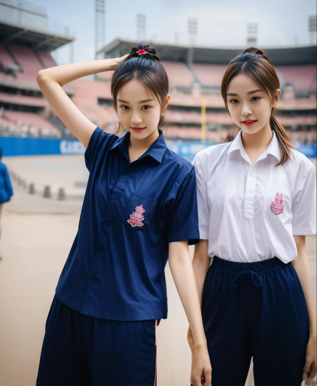 (bestquality,10,10,highres,masterpiece:1.2),ultra-detail,(Realistic,ภาพRealistic,photo-realistic:1.37),1 Cute girl in the football field,oily shiny skin,bara,light smile,BDclothelue shirt:1.3)),short sleeves,shirt, trousers.,(navy_long_ติดตามtrousers:1.1), ((Stadium Background:1.3)),dynamic angle,excited,face focus,Dynamic Poses,from behide,Ass Focus,masterpiece, bestquality, ultra realistic, hyper-detail, 8k resolution, RAW photo, crisp focus, ((Navy blue shirt:1.1)), short sleeves, เส้นทางlong, Complete bodyแบบ, 2 mature women, 18yo, cinematic light,trousersวอร์มสีน้ําเงิน,Gymware,Correct anatomy,Complete body, Correct body, sharp face, Correct bodyทางกายวิภาค, full entire body, Realistic gestures, long-haired, Realistic poses,Wear long shorts..............................,ช่วงขาlong,Shapely,Sculpting Girl, Slender Figure, mannequin mannequins, Shapely, Beautiful body,trousersวอร์มสีน้ําเงิน, Two girls kissing