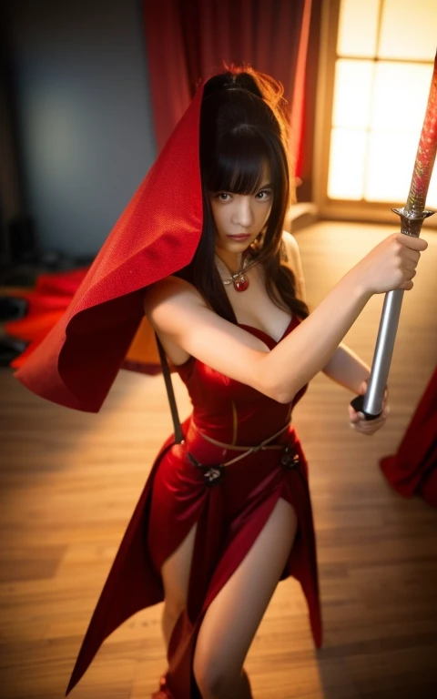Realistic,a close up of a woman in a red dress holding a sword, game character; full body , professional , realistic , anime girl in real life, ruan jia and artgerm, cosplayer, kunoichi, trending artgerm, anime goddess, photo realistic, masterpiece