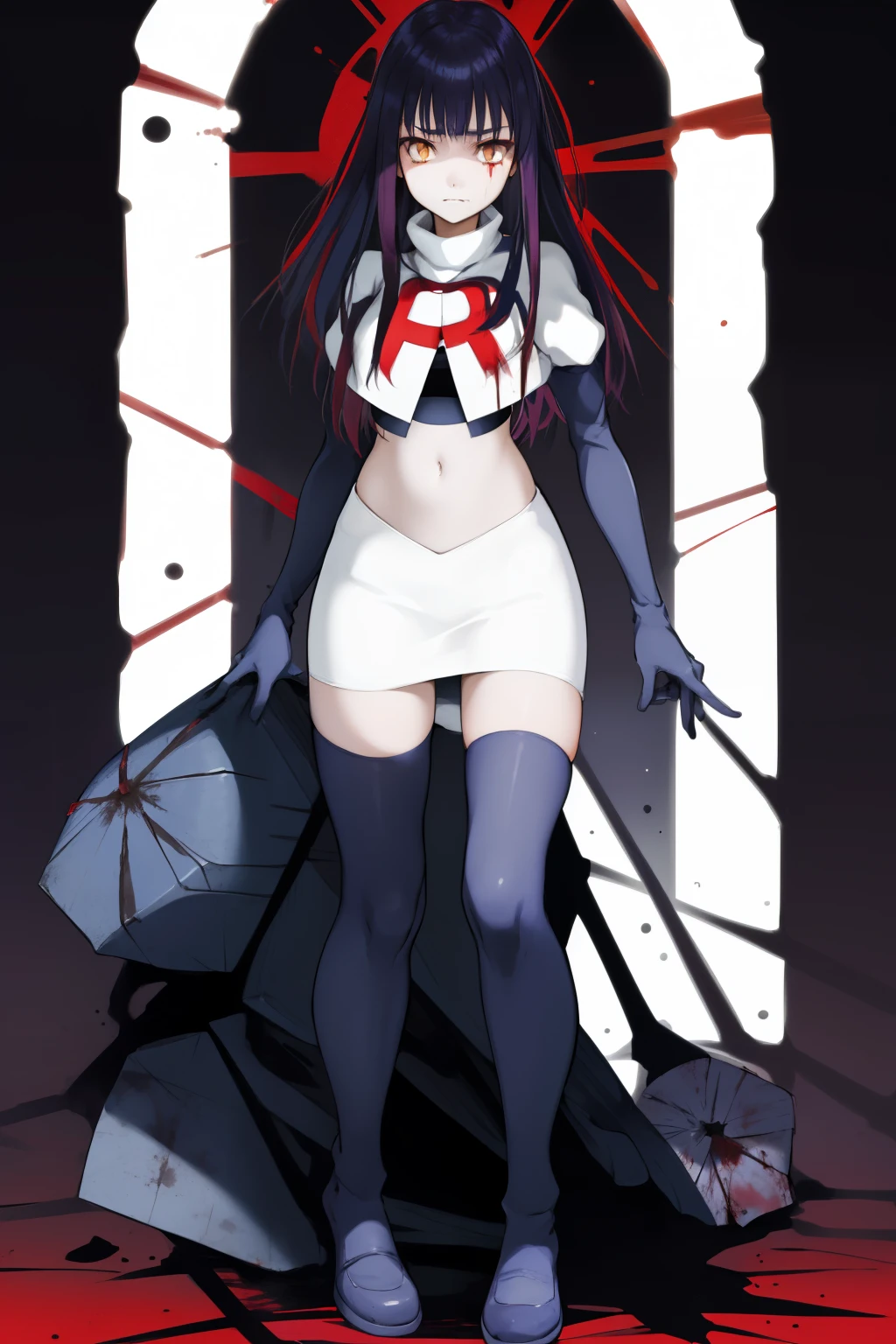 the anime, Furukawa Misao, yellow eyes, sad face, girl in depression, ((indigo hair)),  full height, Full-length girl, best Quality, blood, bloody girl, blood on hands, team rocket,team rocket uniform,white skirt,red letter R,crop top,black thigh-highs,black elbow gloves