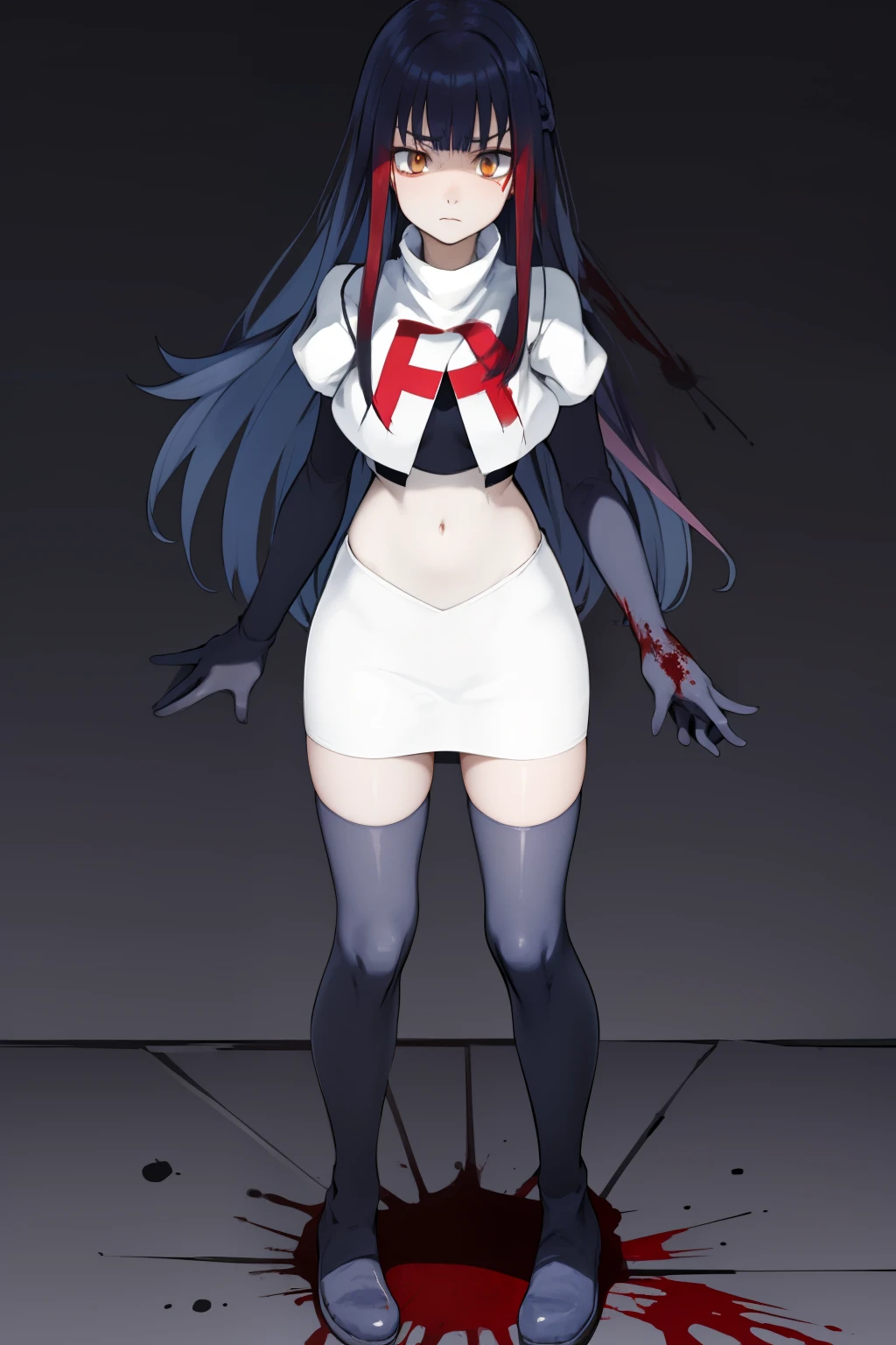 the anime, Furukawa Misao, yellow eyes, sad face, girl in depression, ((indigo hair)),  full height, Full-length girl, best Quality, blood, bloody girl, blood on hands, team rocket,team rocket uniform,white skirt,red letter R,crop top,black thigh-highs,black elbow gloves