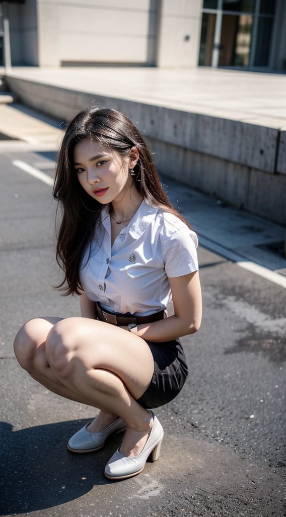 ผู้หญิงญี่ปุ่นที่attractive, attractive, attractiveน่าหลงใหล, Black Hair, I'm scanning in the middle........, long-haired long-hairedมาก......, long straight hair, long-haired, The wind blows..... A bird's-eye view of a beautiful woman.., lifelike texture, Elegant, large boobs, dynamic posture, large boobs, White short-sleeved shirt The shirt is thin and the skin is visible......., The chest is clearly visible........ You can see the chest mound... You will see a pile of milk... Black cylindrical skirt Black cylindrical skirt, Black leather skirt with women's belt, Symmetrical shape, Sexy Shape, pitch black heels, earrings, Put on the watch......Full-body photos, Look at all parts of the body..., university backdrop