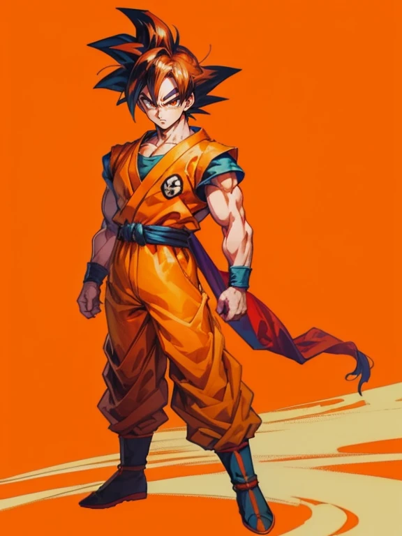 (masutepiece), Best Quality, Ultra-detailed, Goku from Dragon Ball Z wearing orange clothes, Retro style, Full body.